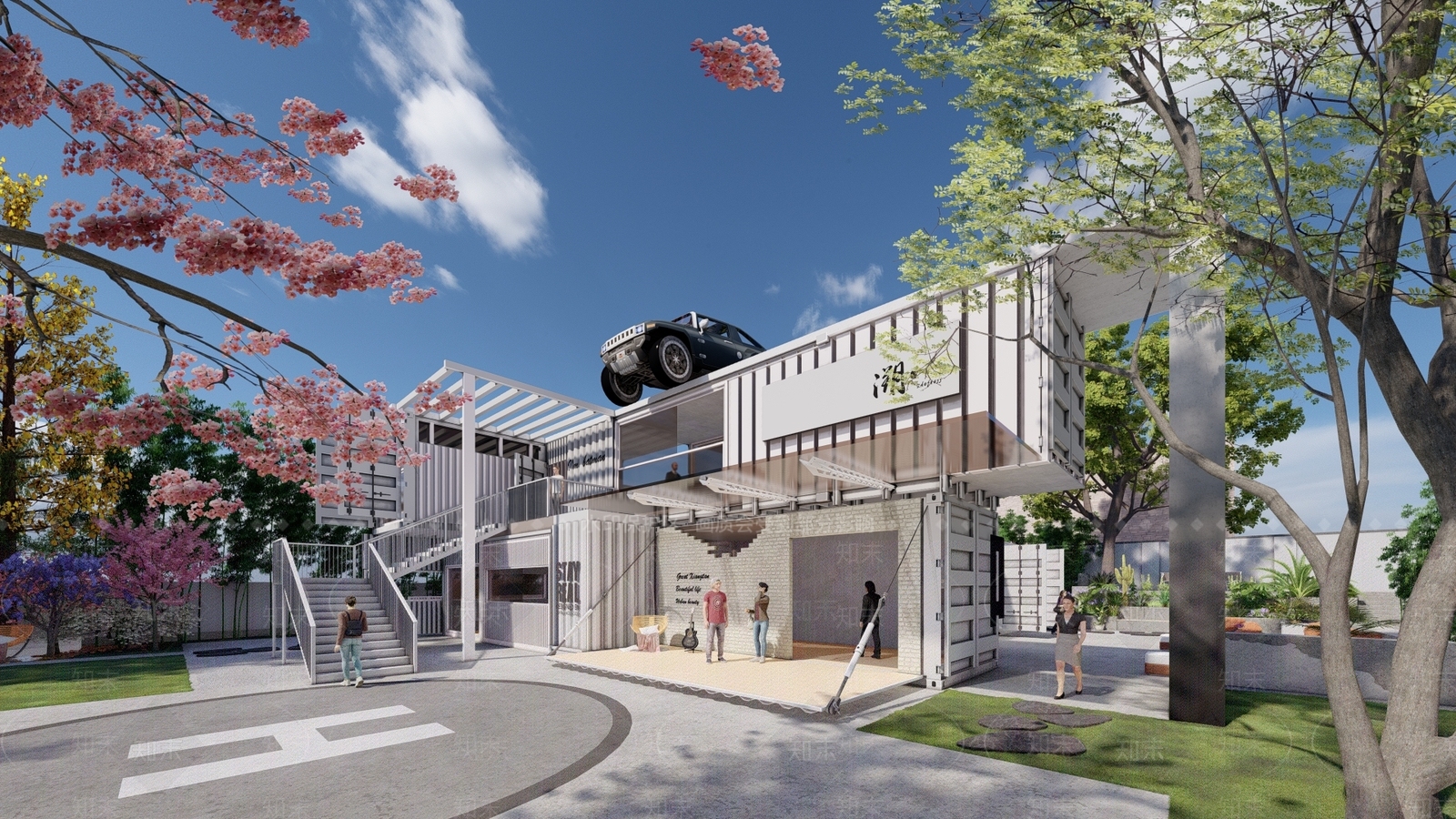 现代创意集装箱餐饮建筑SU模型下载【ID:1154549019】