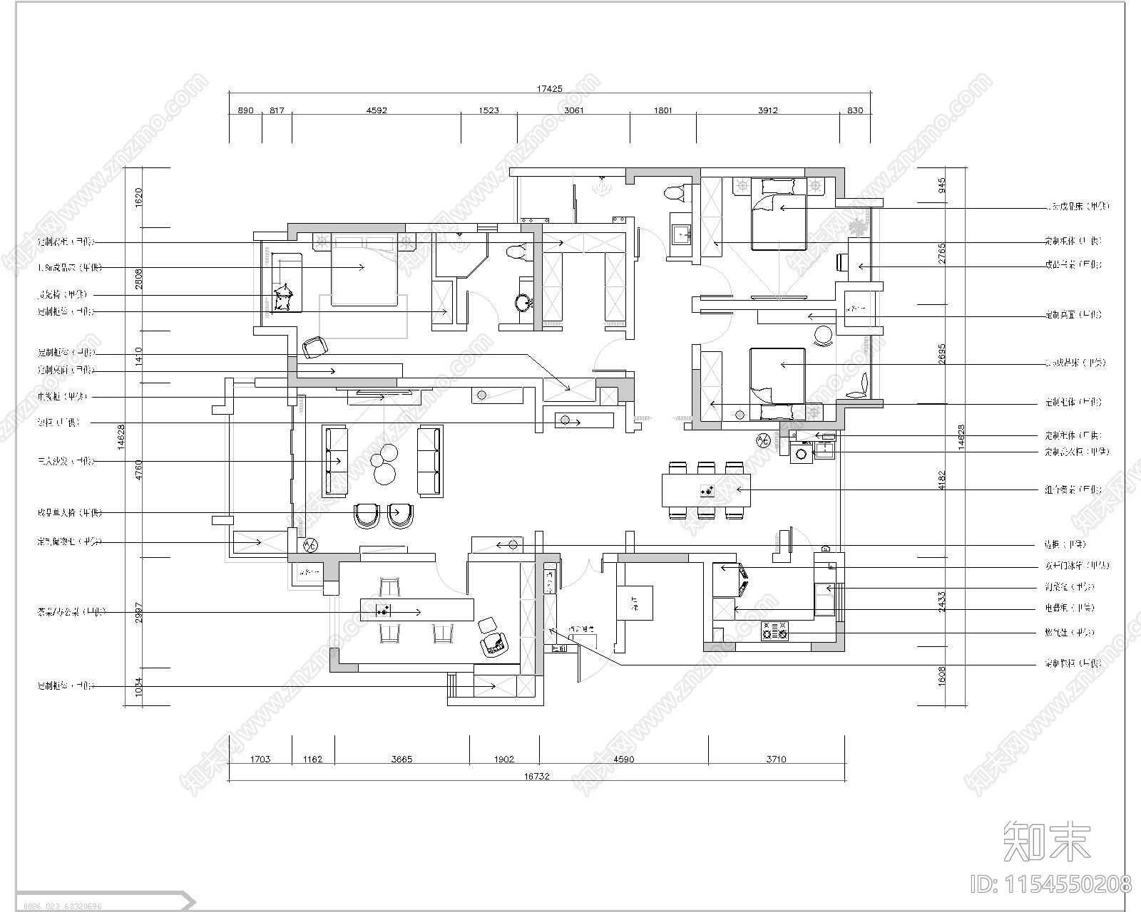 200㎡法式风格住宅cad施工图下载【ID:1154550208】