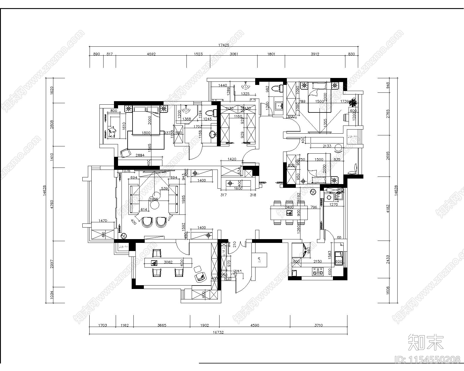 200㎡法式风格住宅cad施工图下载【ID:1154550208】