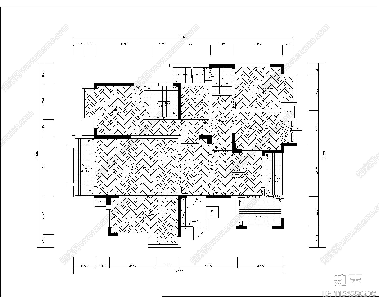 200㎡法式风格住宅cad施工图下载【ID:1154550208】