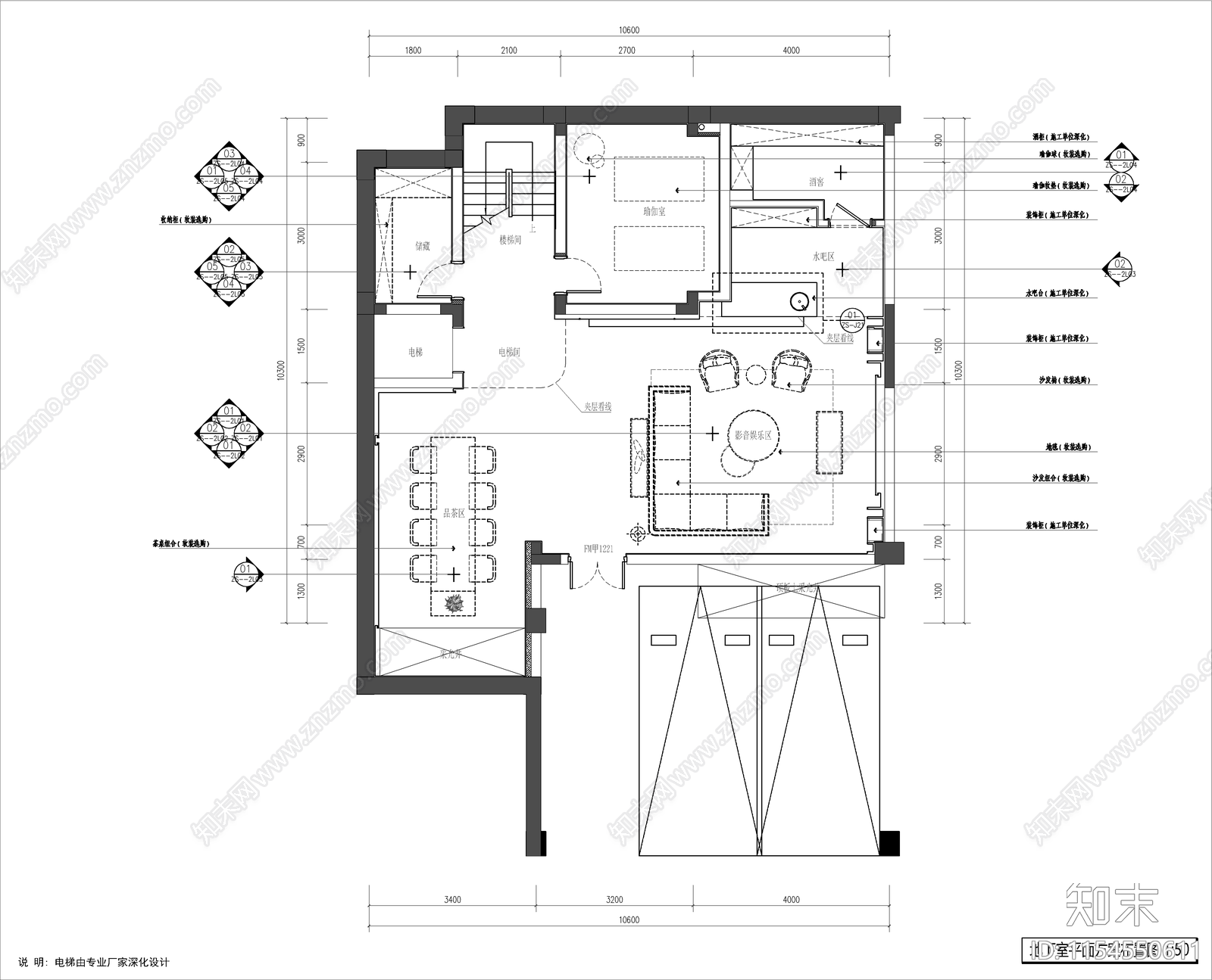 现代轻奢排屋无主灯室内设计施工图下载【ID:1154550611】