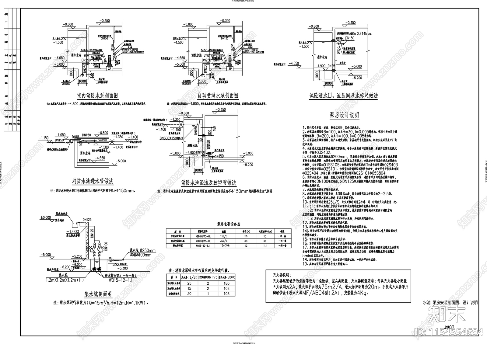 消防水池及泵房给排水cad施工图下载【ID:1154554694】