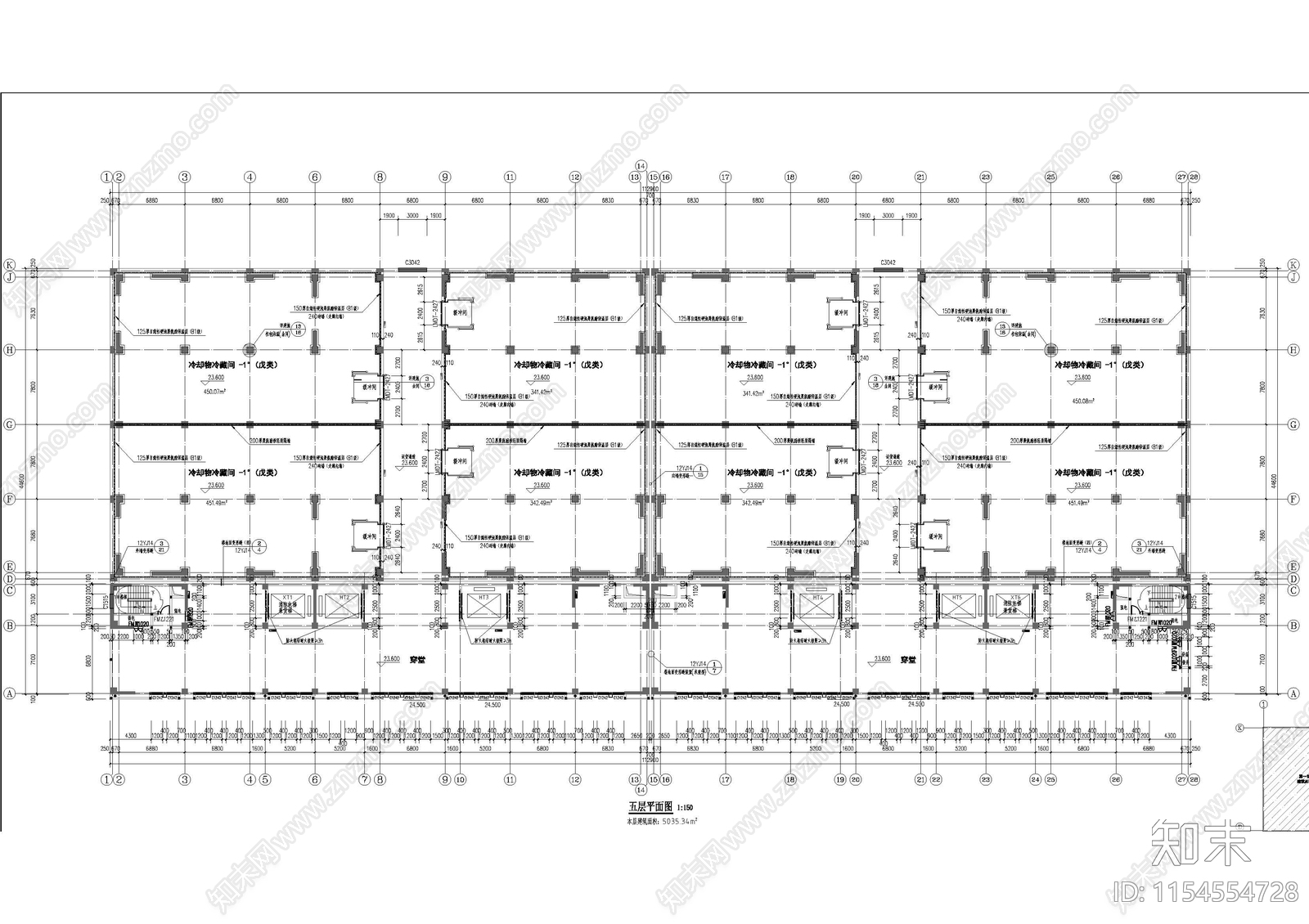 五层冷库建筑cad施工图下载【ID:1154554728】