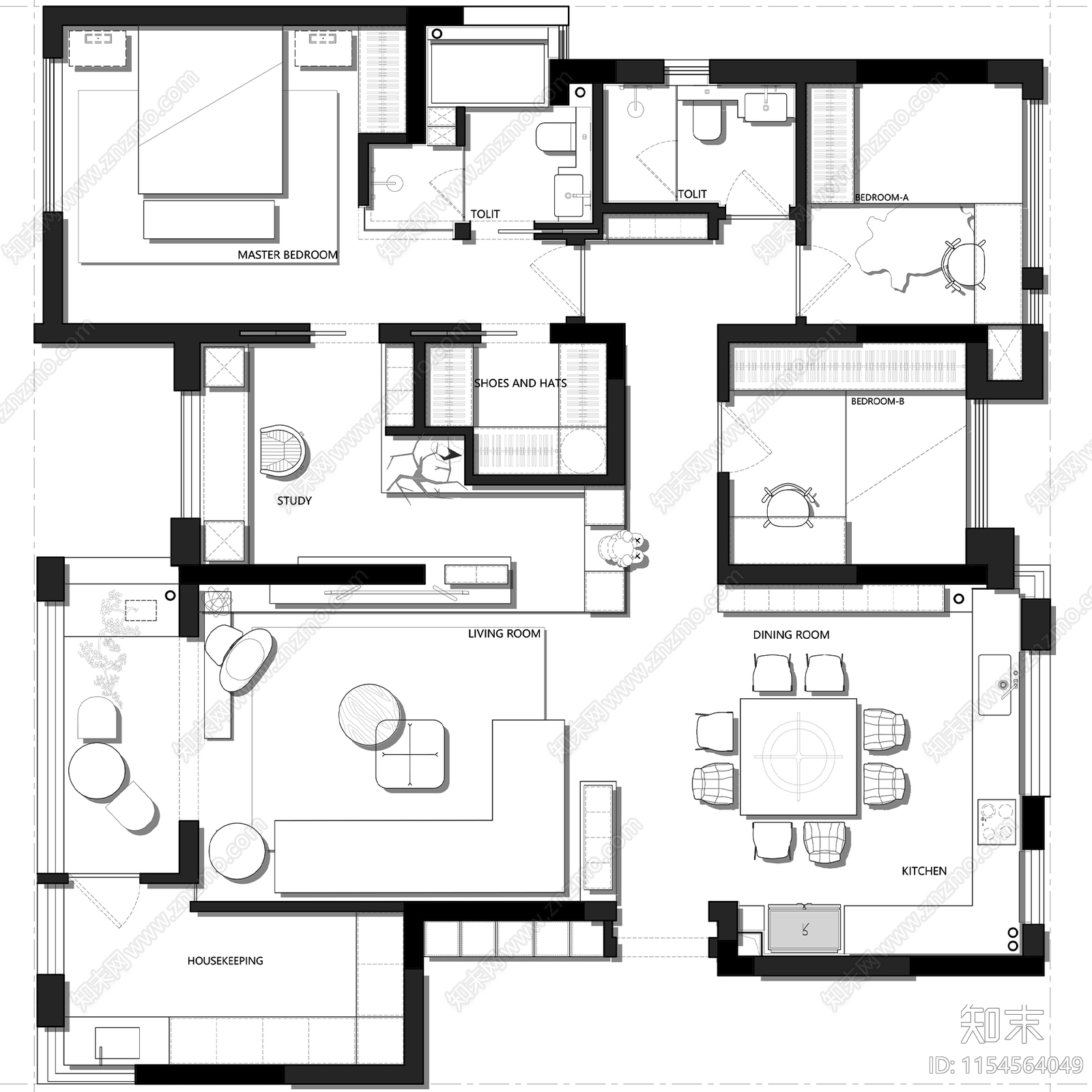 三居室室内家装优化户型图施工图下载【ID:1154564049】