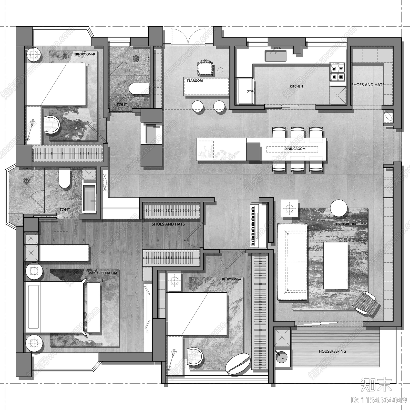 三居室室内家装优化户型图施工图下载【ID:1154564049】