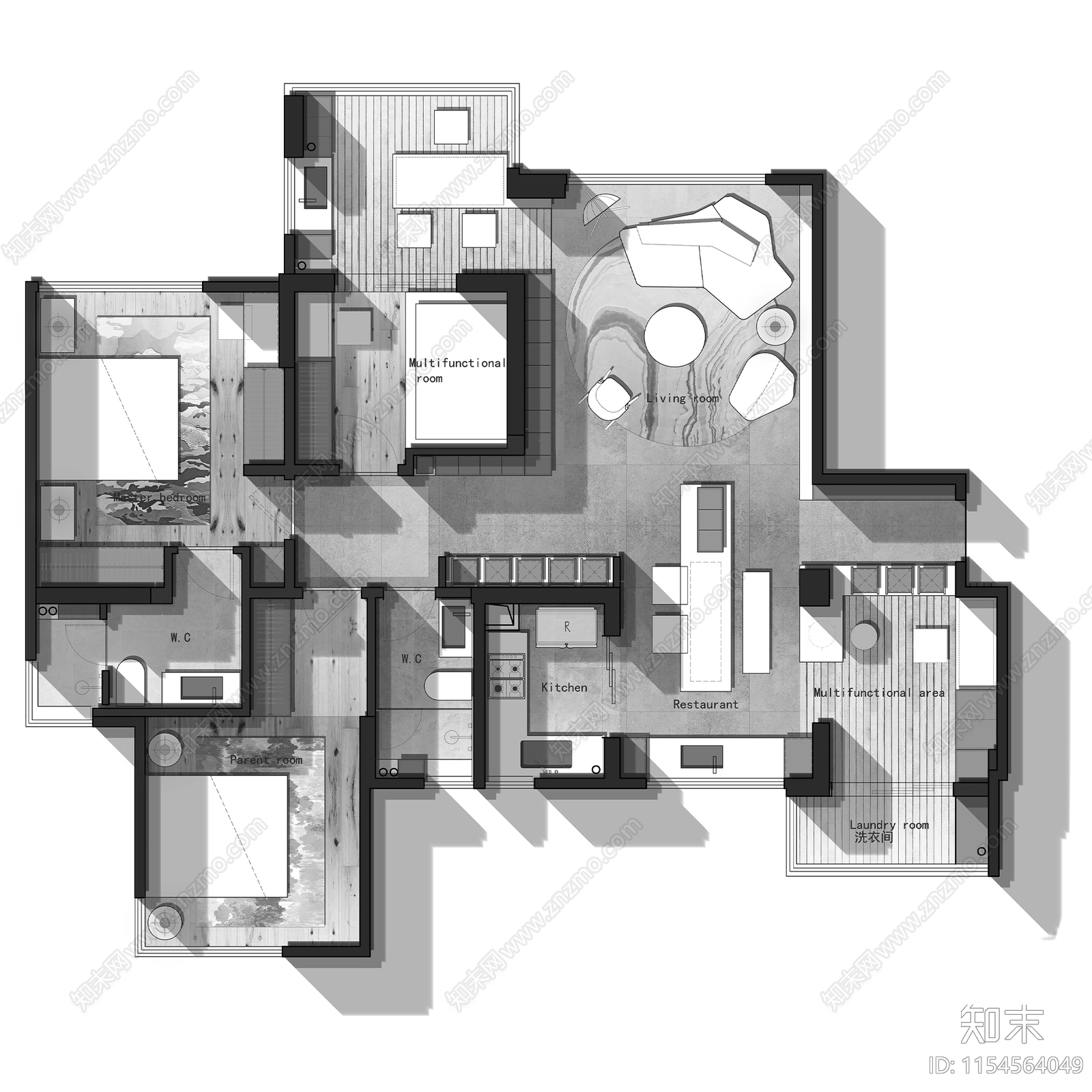 三居室室内家装优化户型图施工图下载【ID:1154564049】