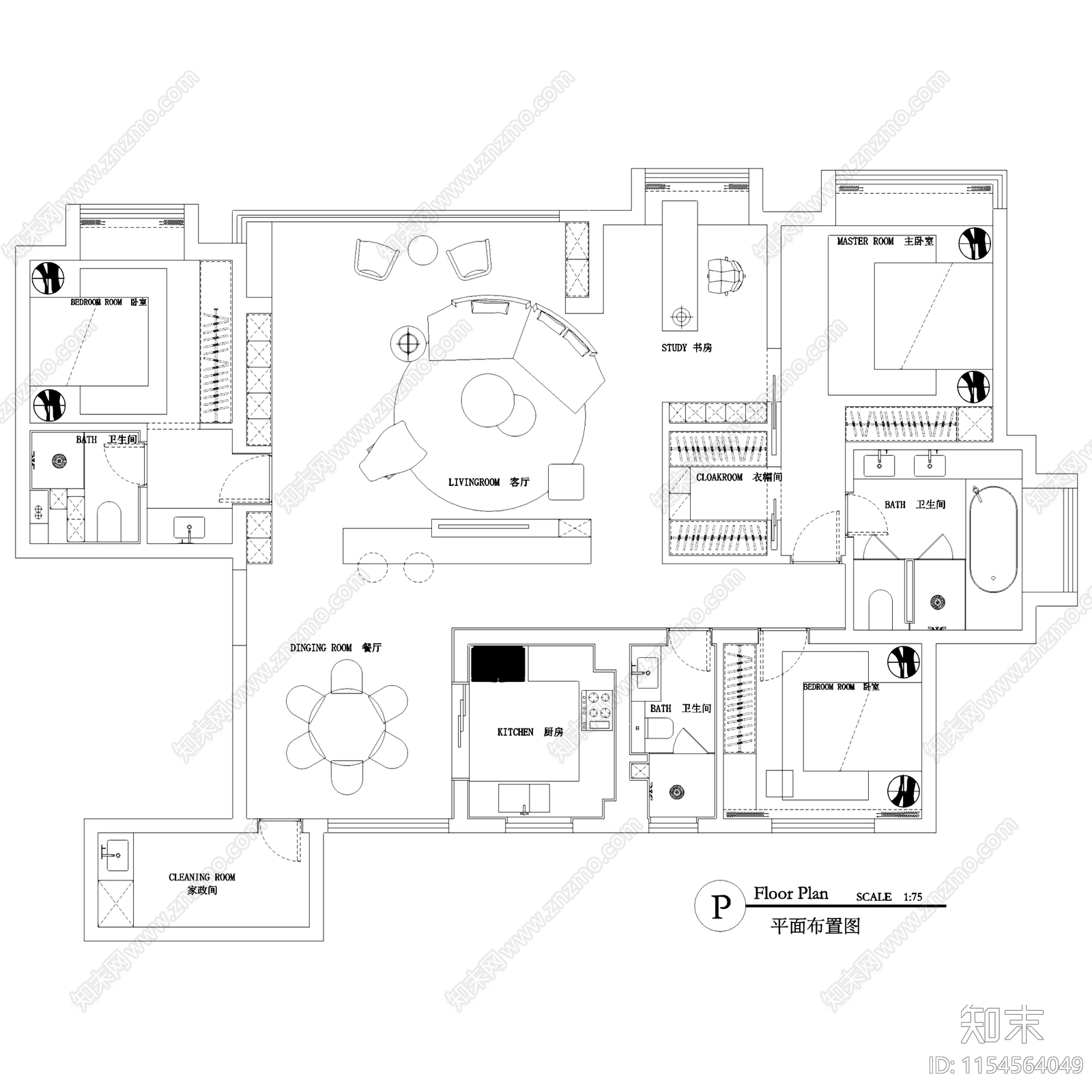 三居室室内家装优化户型图施工图下载【ID:1154564049】