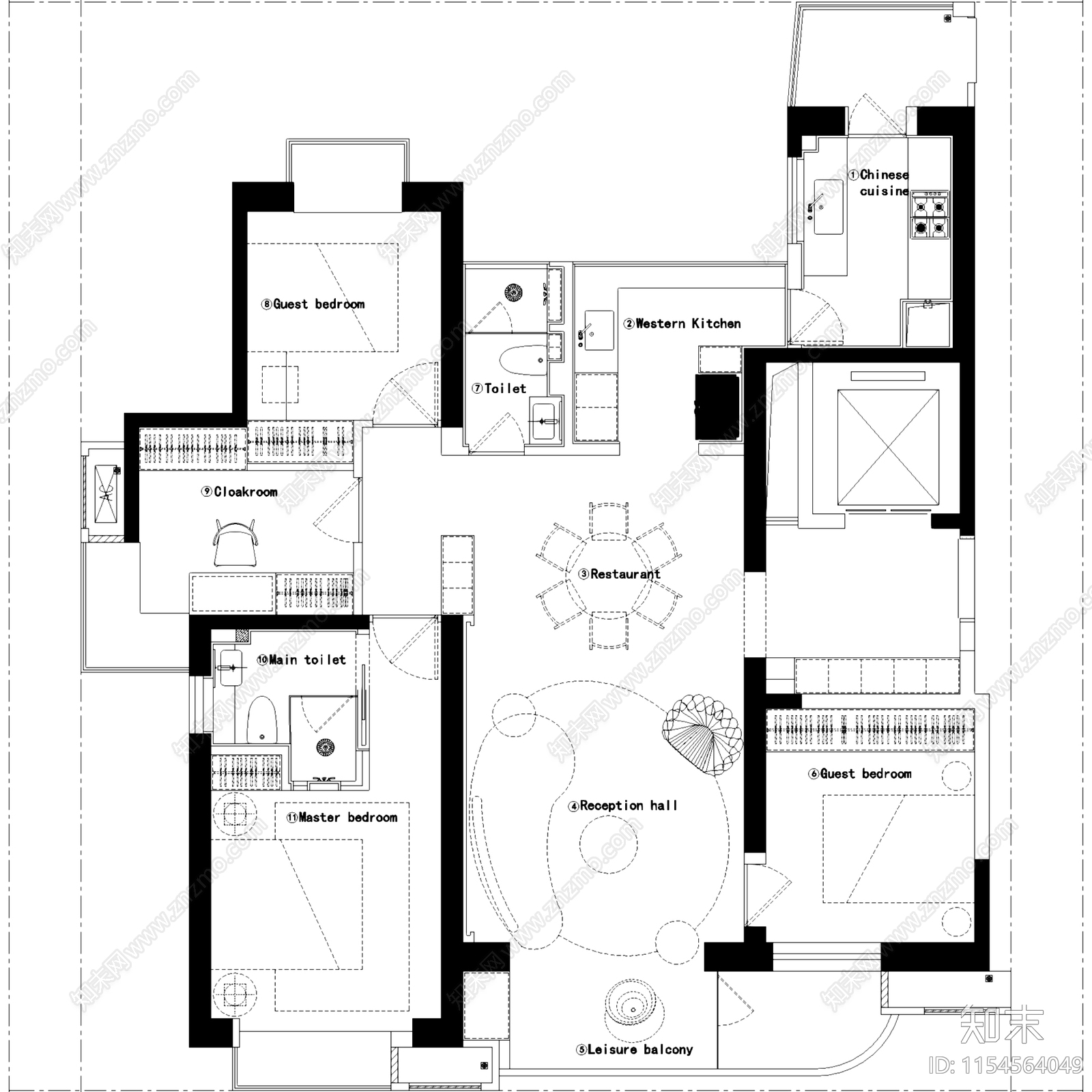 三居室室内家装优化户型图施工图下载【ID:1154564049】