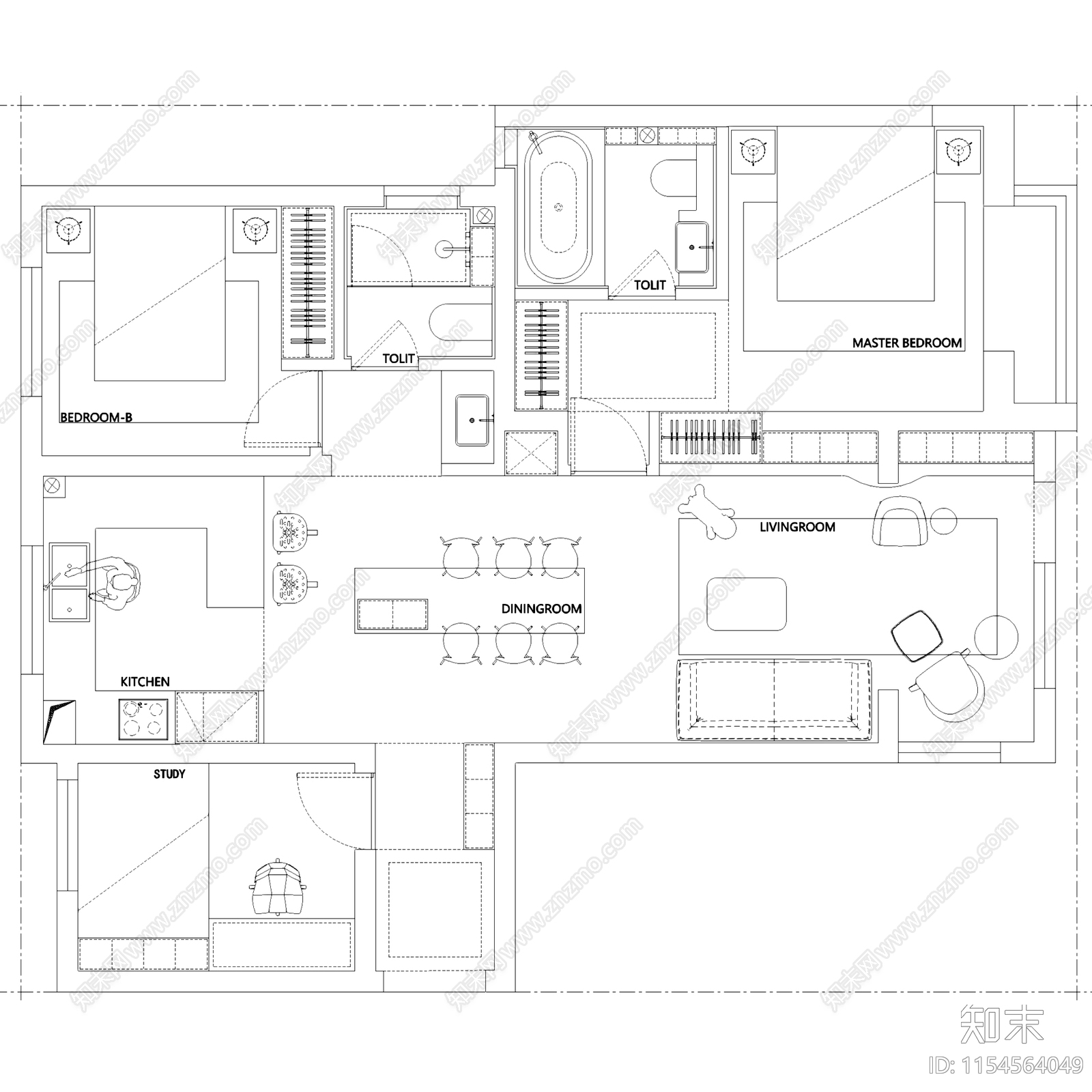 三居室室内家装优化户型图施工图下载【ID:1154564049】