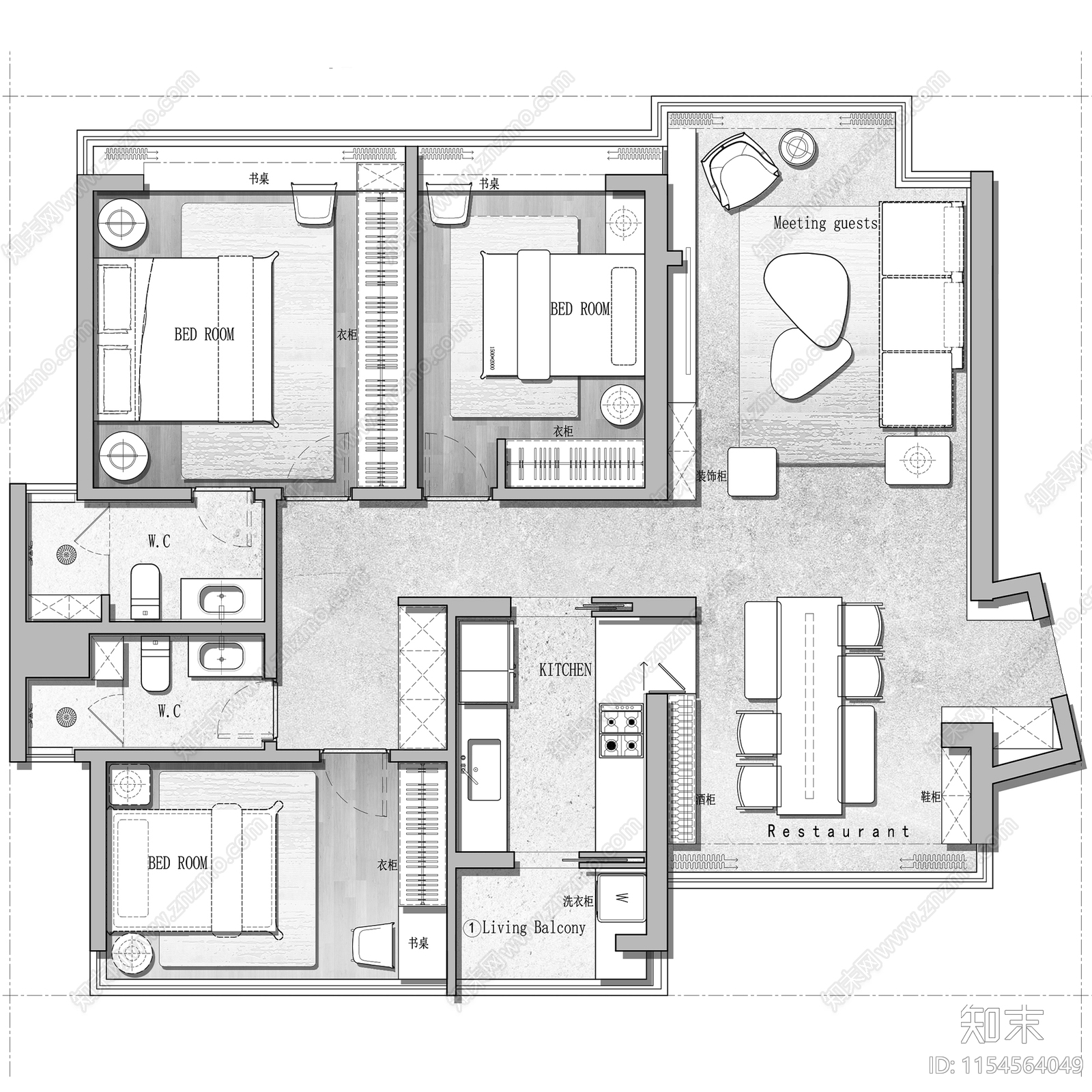 三居室室内家装优化户型图施工图下载【ID:1154564049】