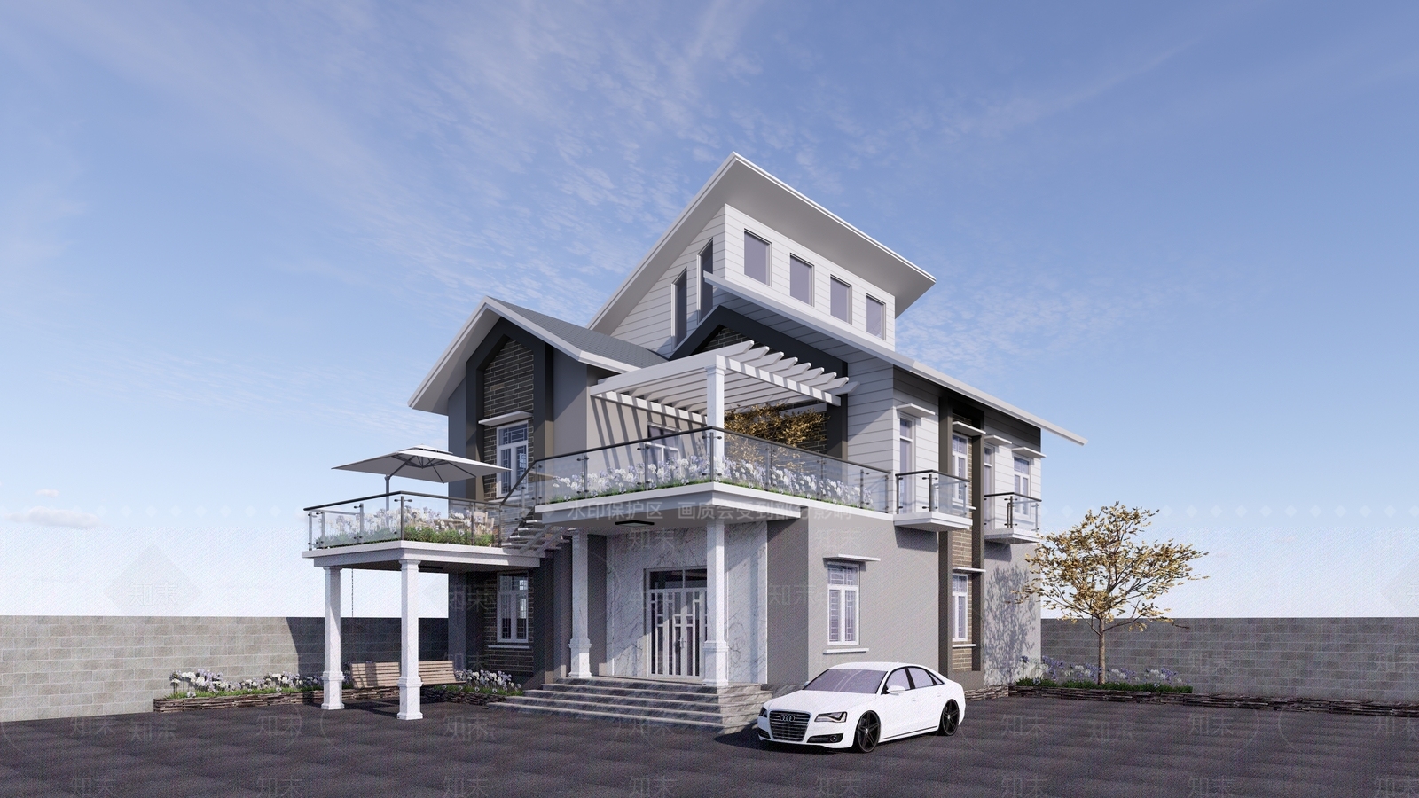 现代西式坡屋顶别墅SU模型下载【ID:1154563446】