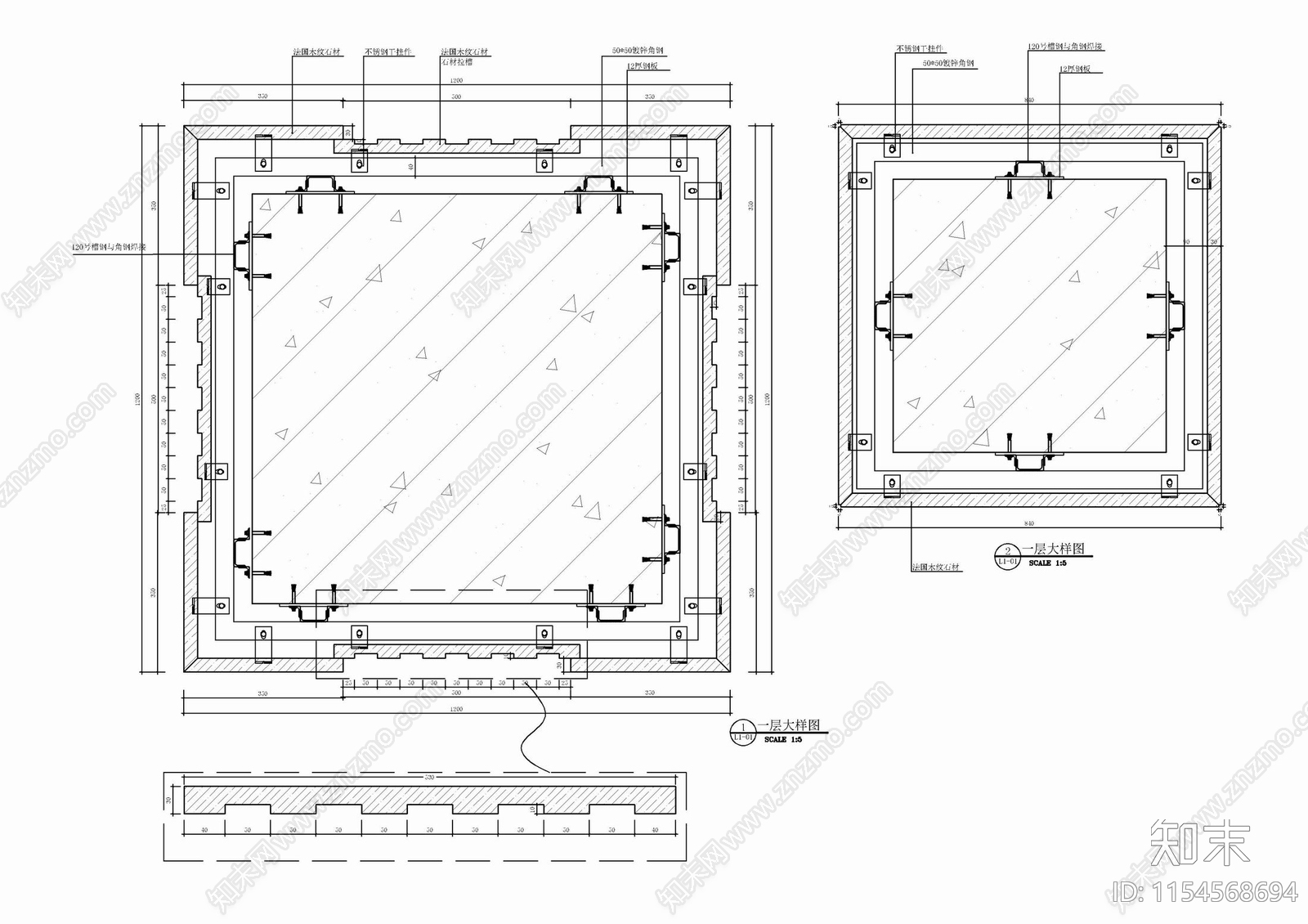 石材干挂包柱墙面石材贴砖节点施工图下载【ID:1154568694】