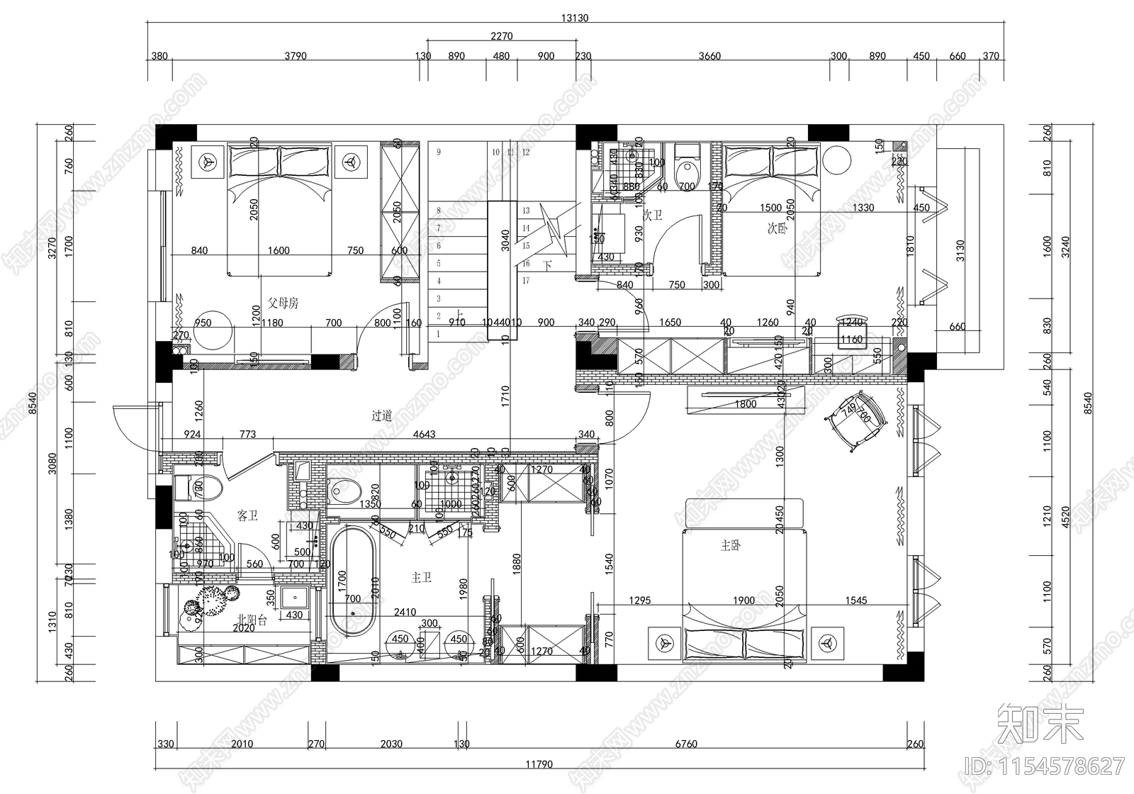 三层别墅室内cad施工图下载【ID:1154578627】