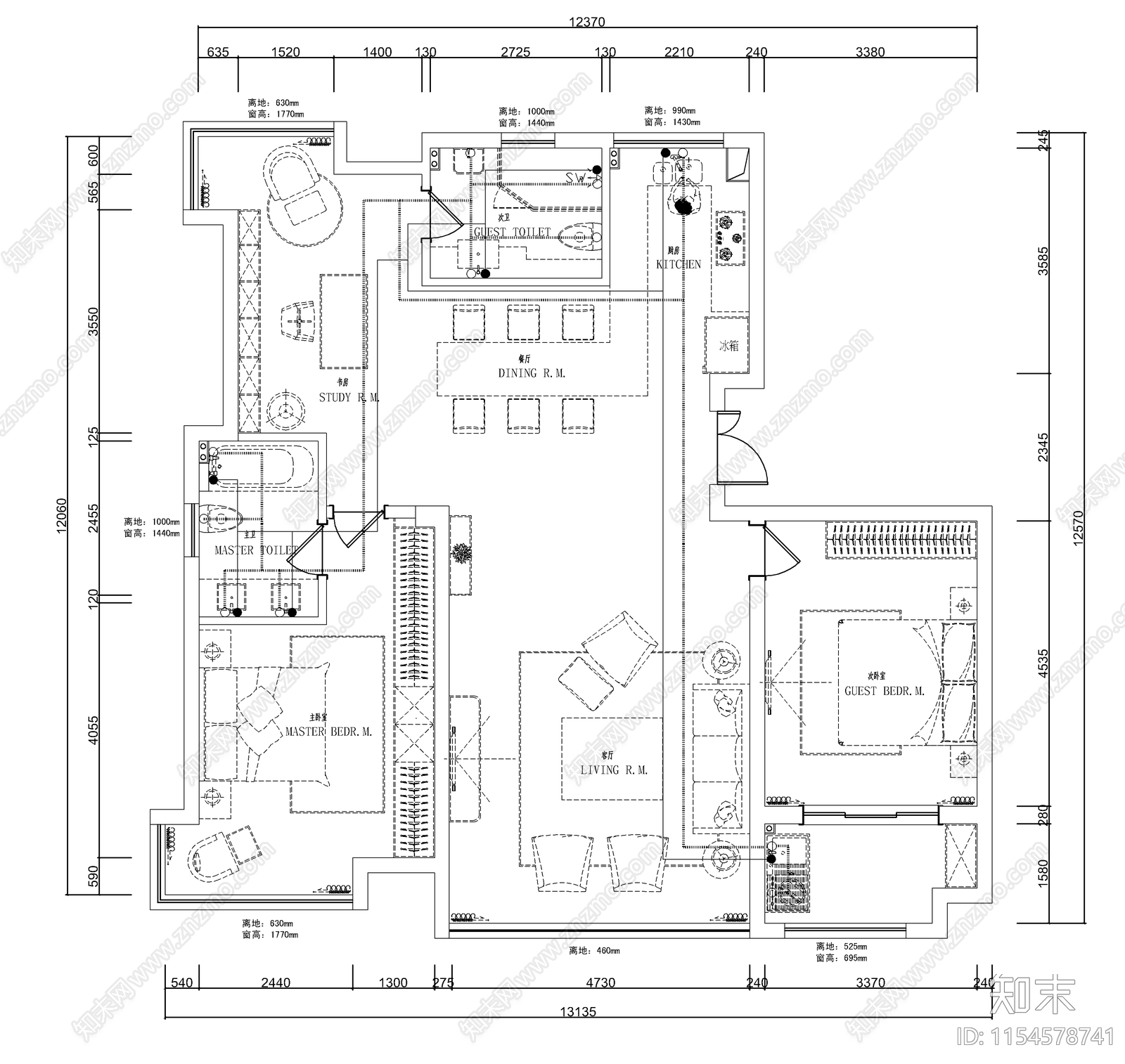 现代轻奢大平层无主灯室内cad施工图下载【ID:1154578741】