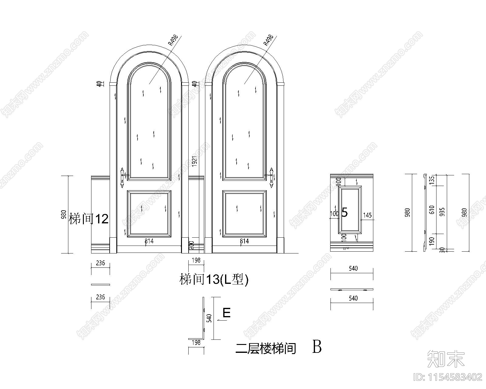 昆山别墅二层楼梯间过道室内cad施工图下载【ID:1154583402】