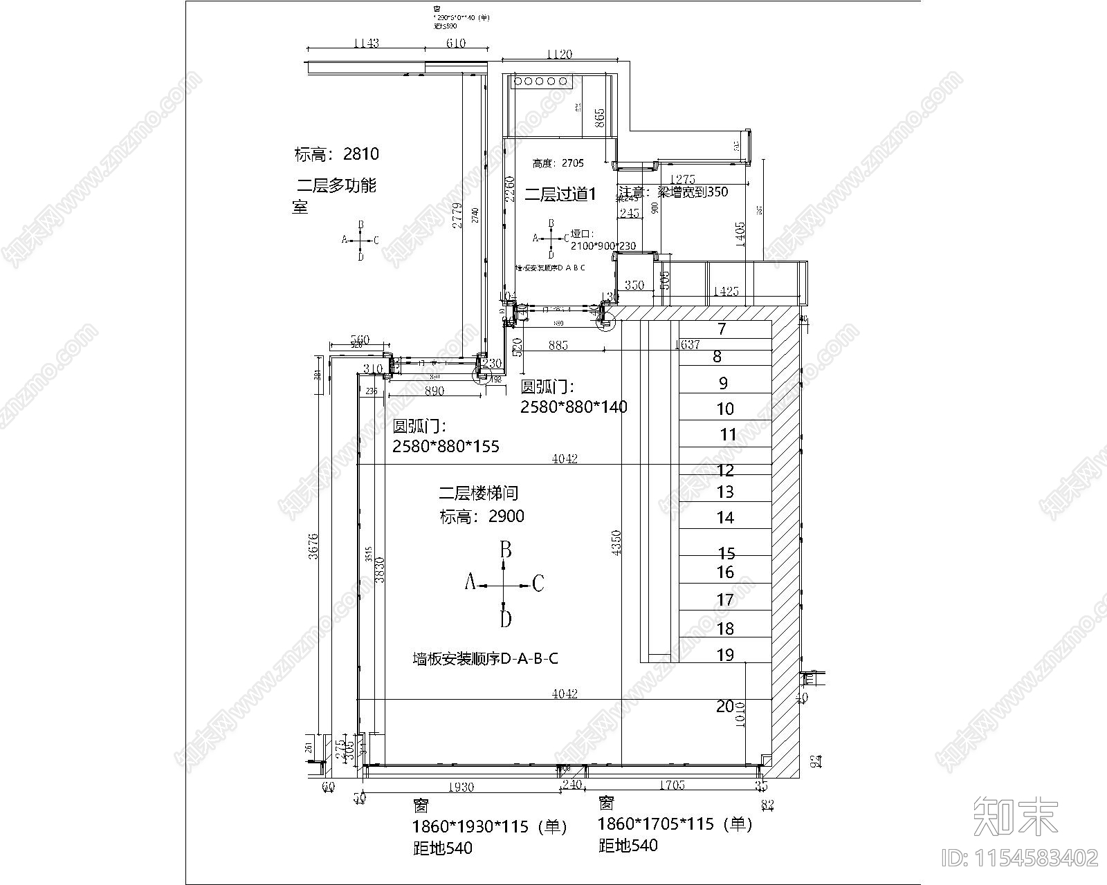 昆山别墅二层楼梯间过道室内cad施工图下载【ID:1154583402】