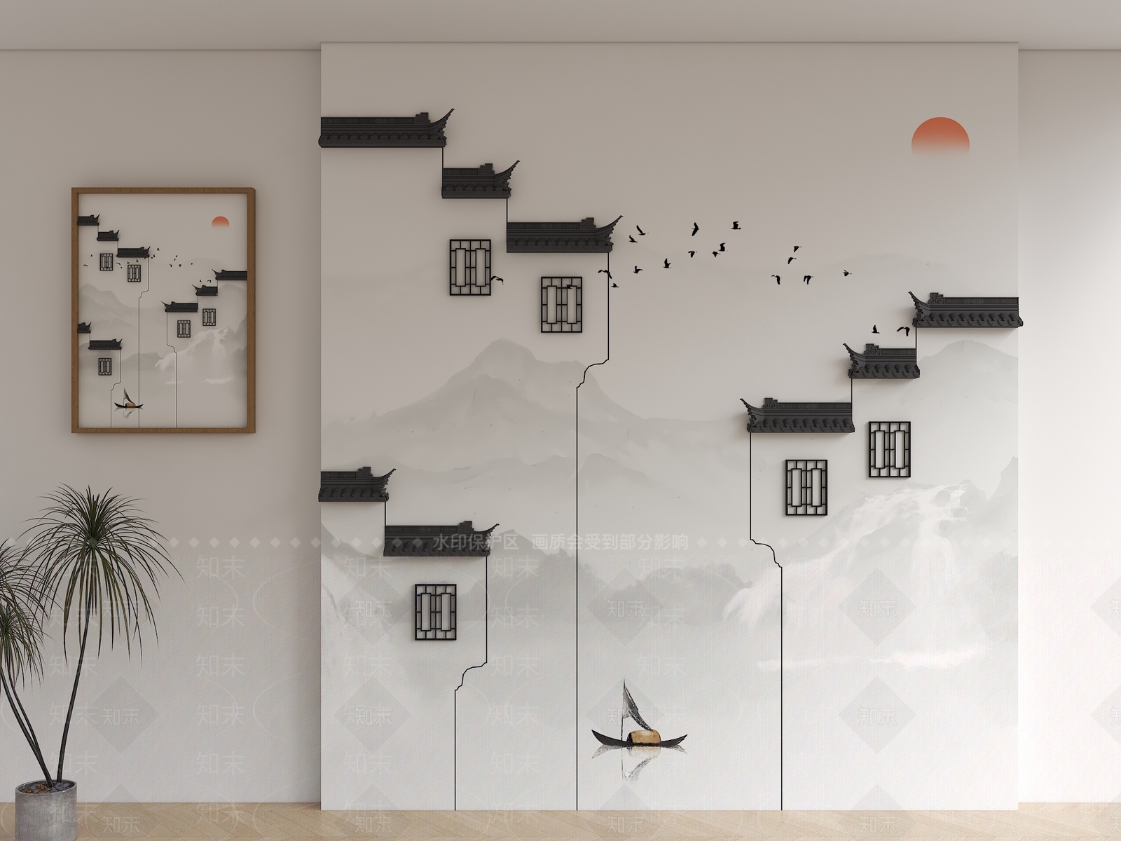 新中式马头墙背景墙SU模型下载【ID:1154583741】