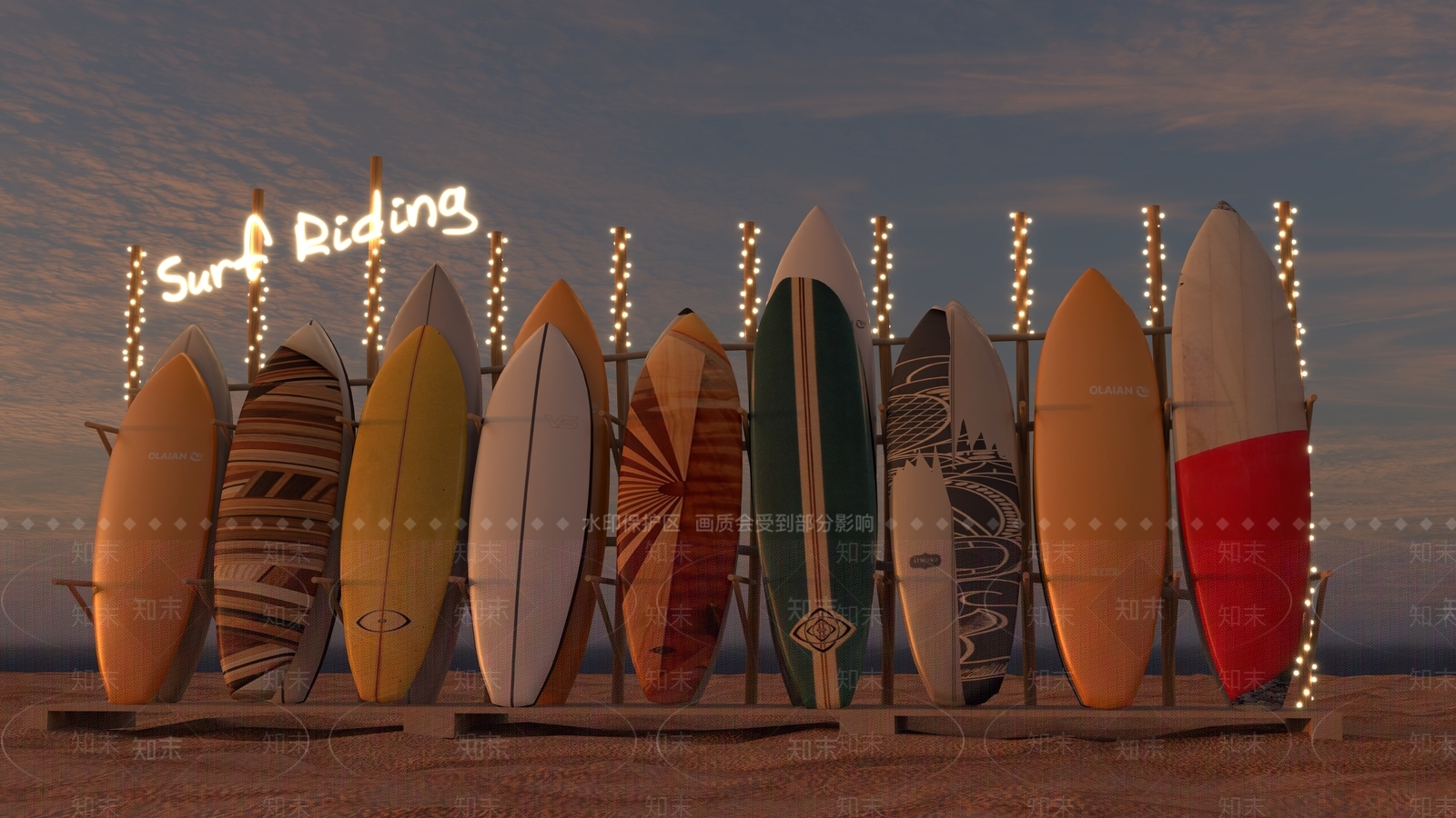 现代冲浪板沙滩美陈SU模型下载【ID:1154586956】