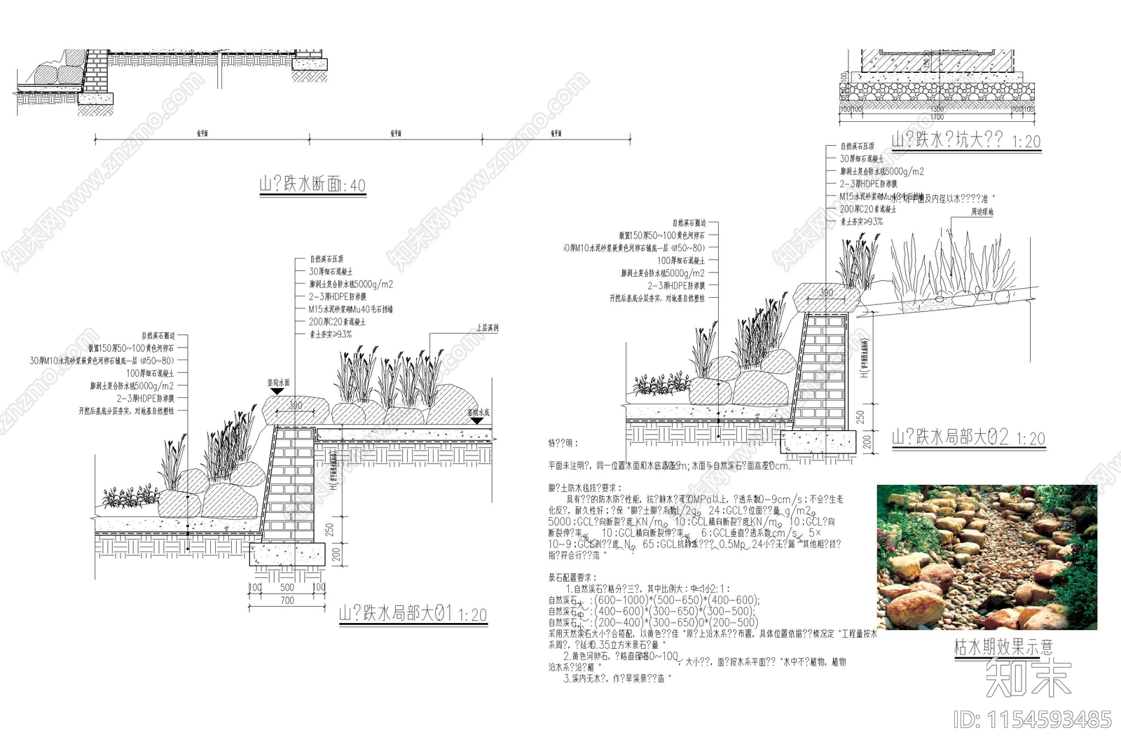 自然溪流跌水小溪山涧跌水瀑布节点大样图剖面节点施工图下载【ID:1154593485】