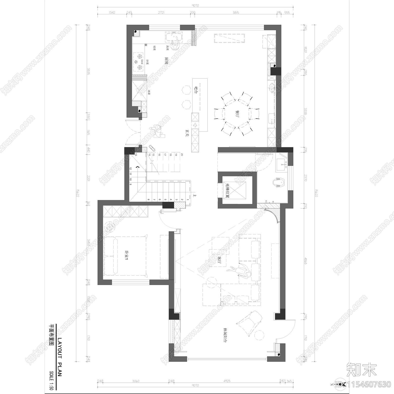 现代别墅室内cad施工图下载【ID:1154607630】