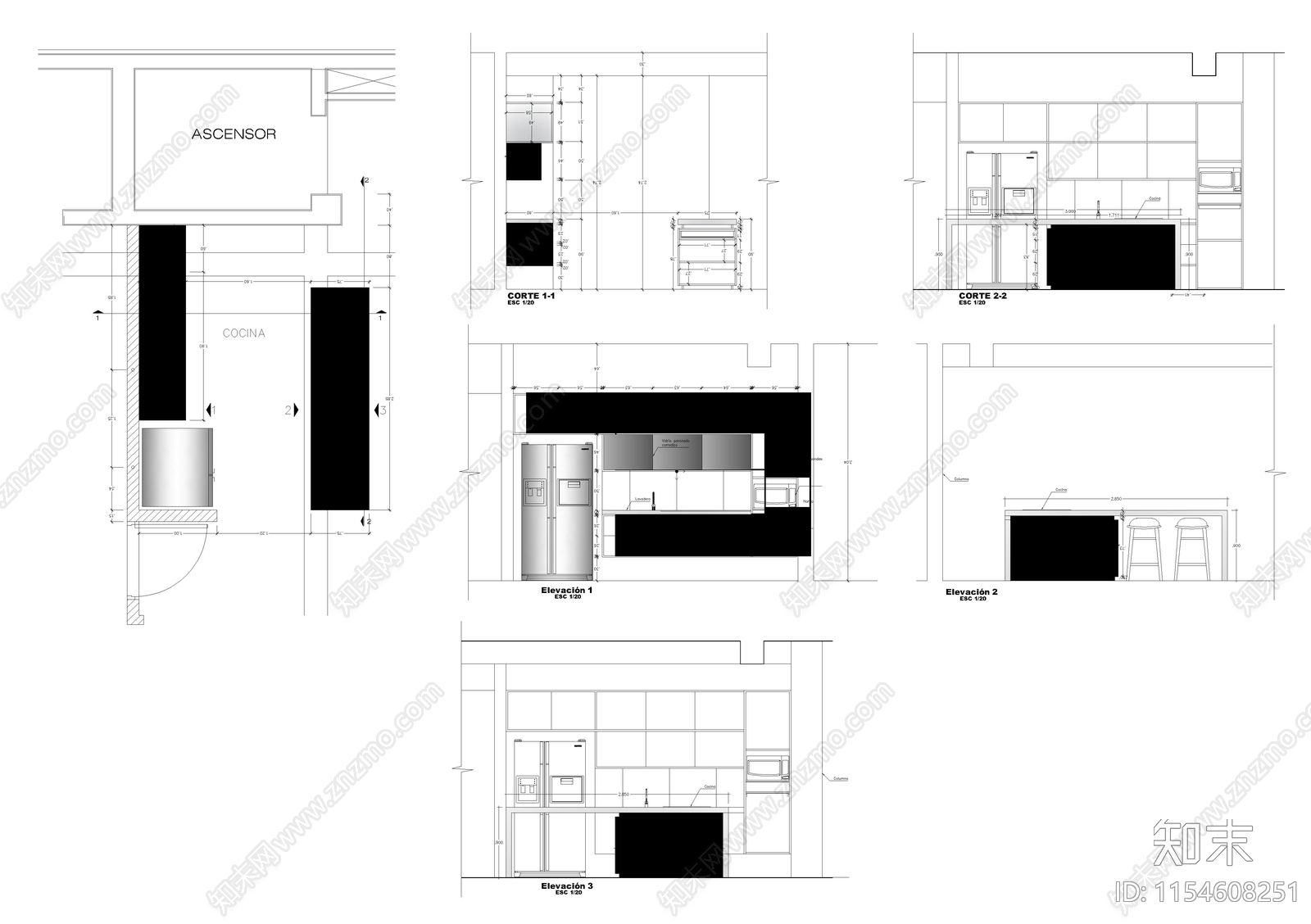 公寓厨房布置图cad施工图下载【ID:1154608251】