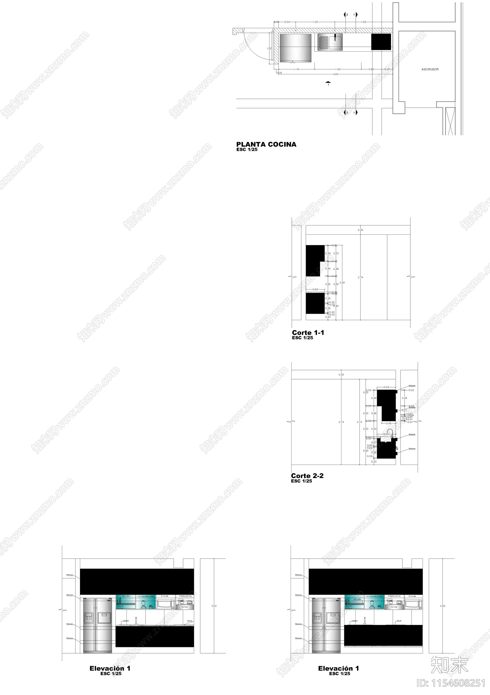 公寓厨房布置图cad施工图下载【ID:1154608251】