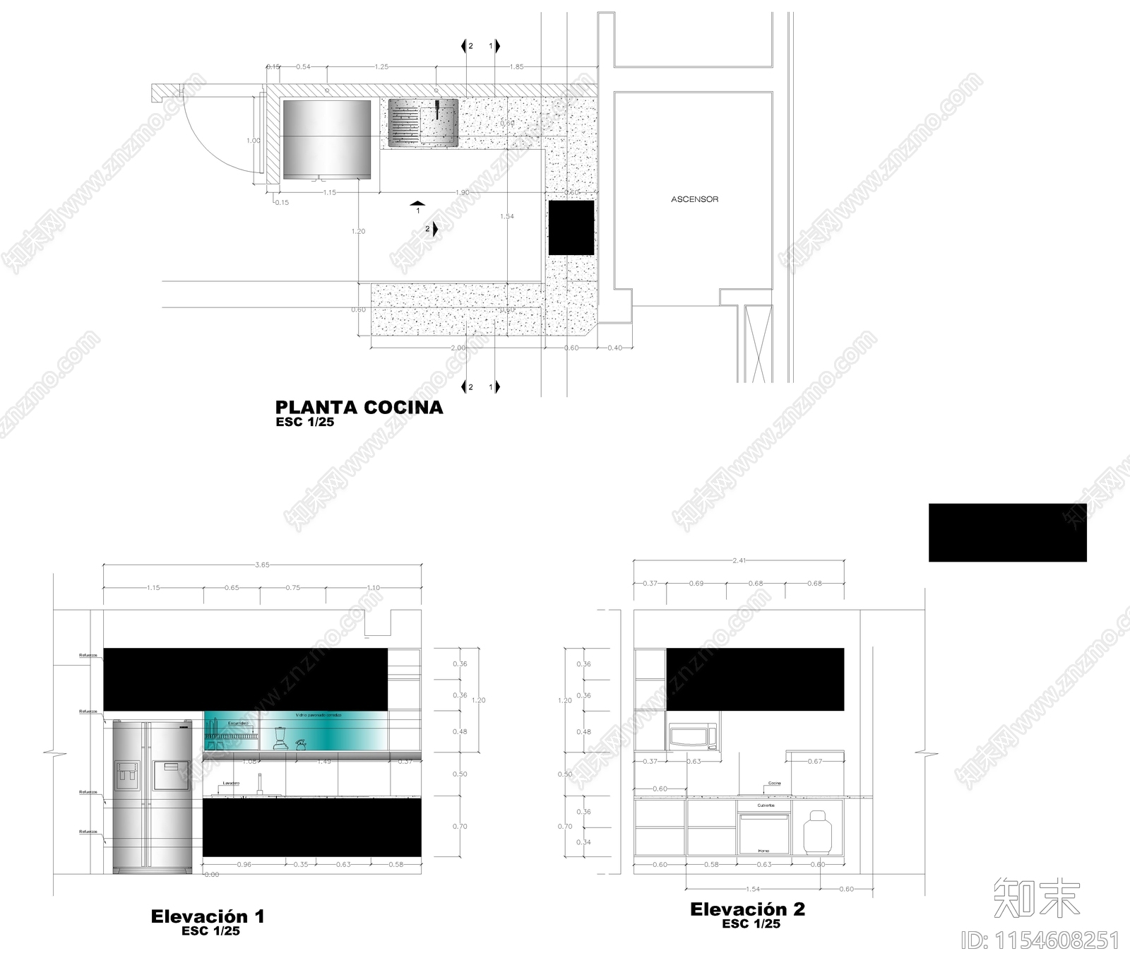 公寓厨房布置图cad施工图下载【ID:1154608251】