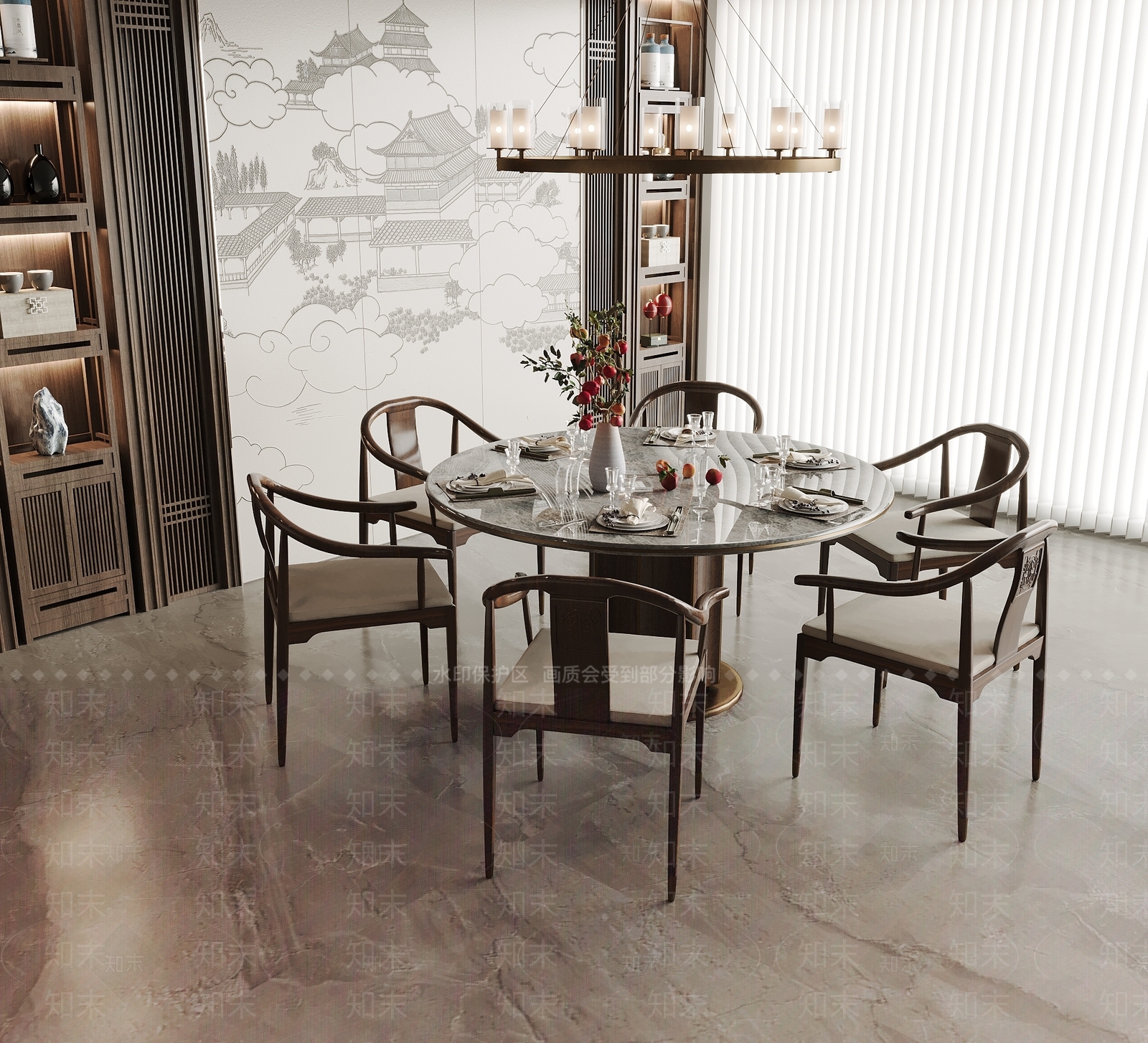 新中式圆形餐桌椅3D模型下载【ID:1154609221】