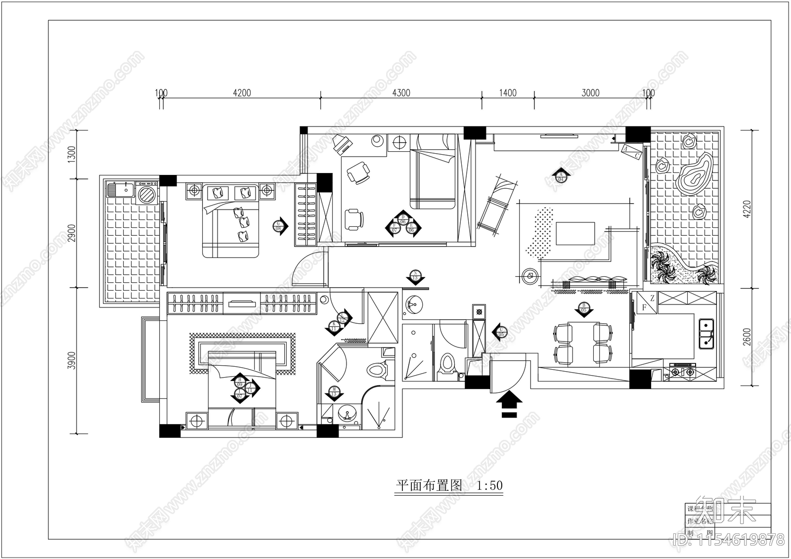 三室一厅平立面室内cad施工图下载【ID:1154619878】