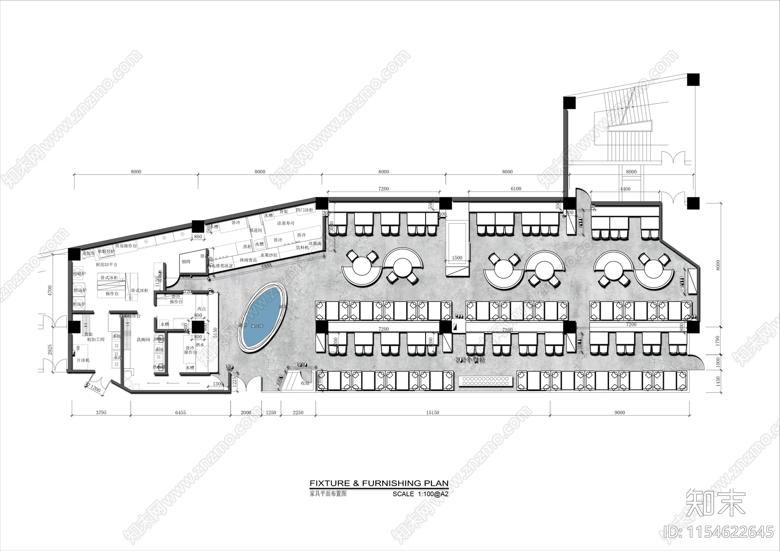 550㎡自助海鲜火锅店平面布置图cad施工图下载【ID:1154622645】