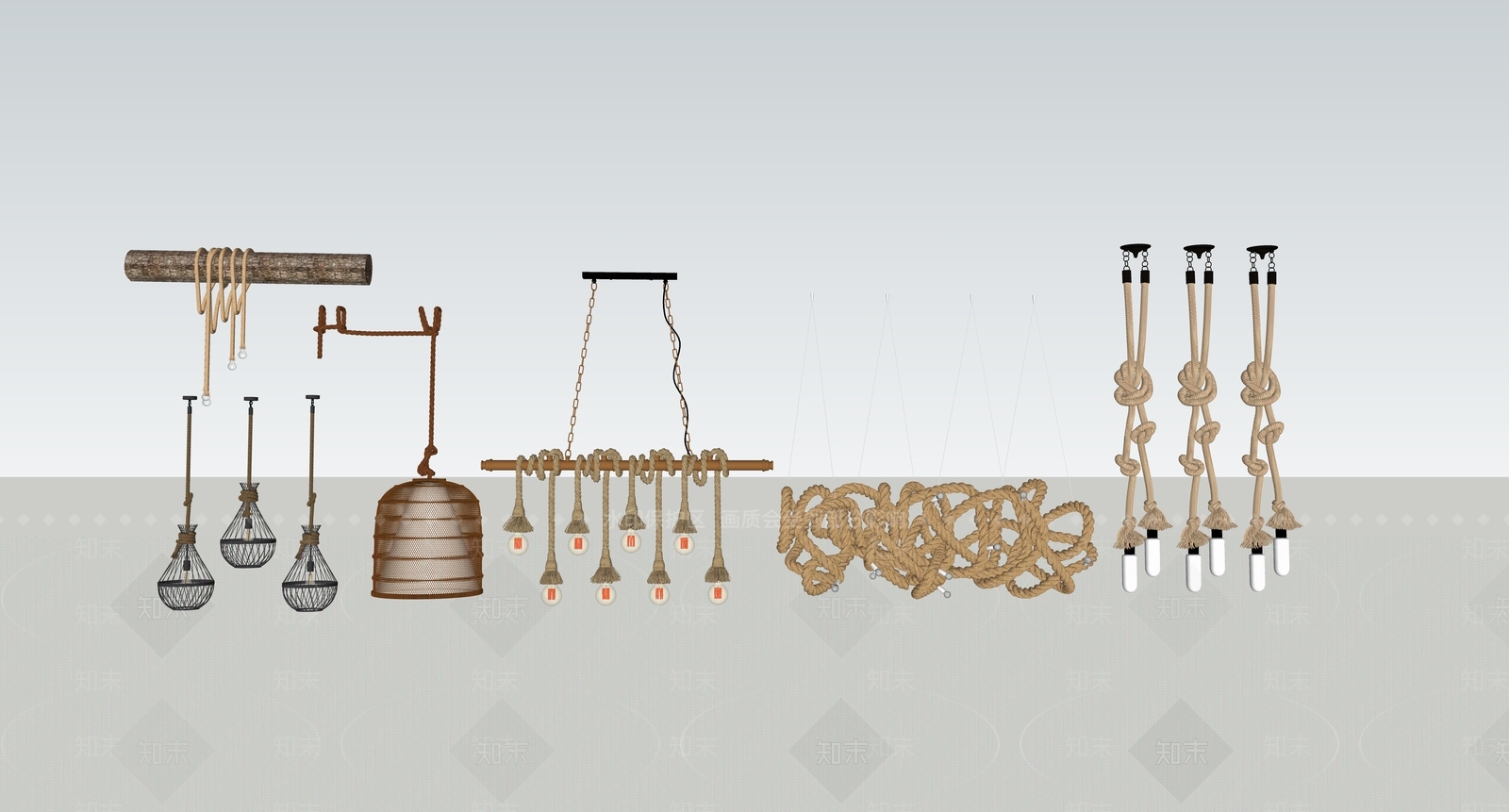 现代民宿麻绳吊灯3D模型下载【ID:1154625782】