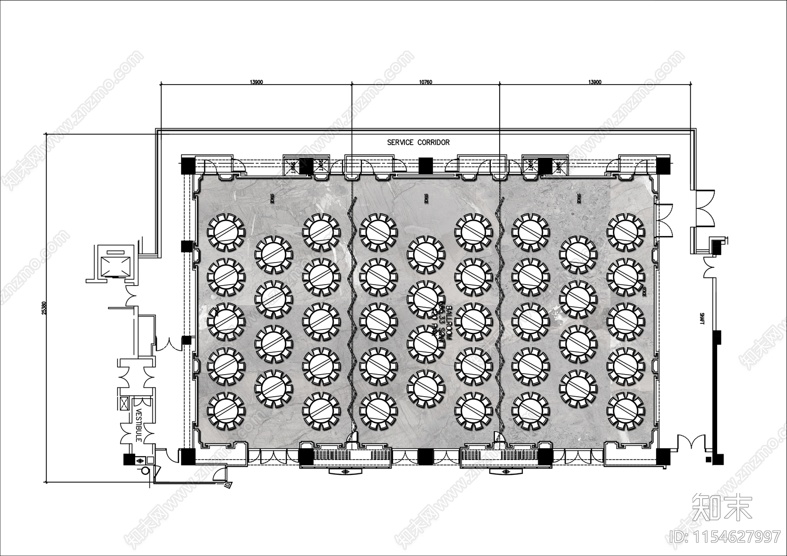 600㎡酒店宴会厅平面布局图施工图下载【ID:1154627997】