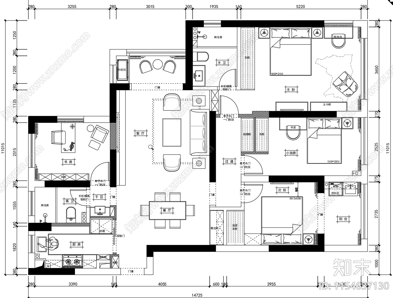 现代简约家居卧cad施工图下载【ID:1154637130】