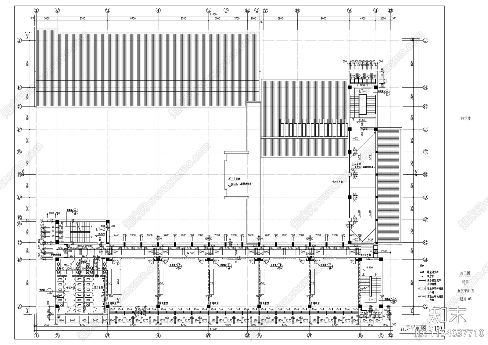 五层中学教学楼建筑cad施工图下载【ID:1154637710】