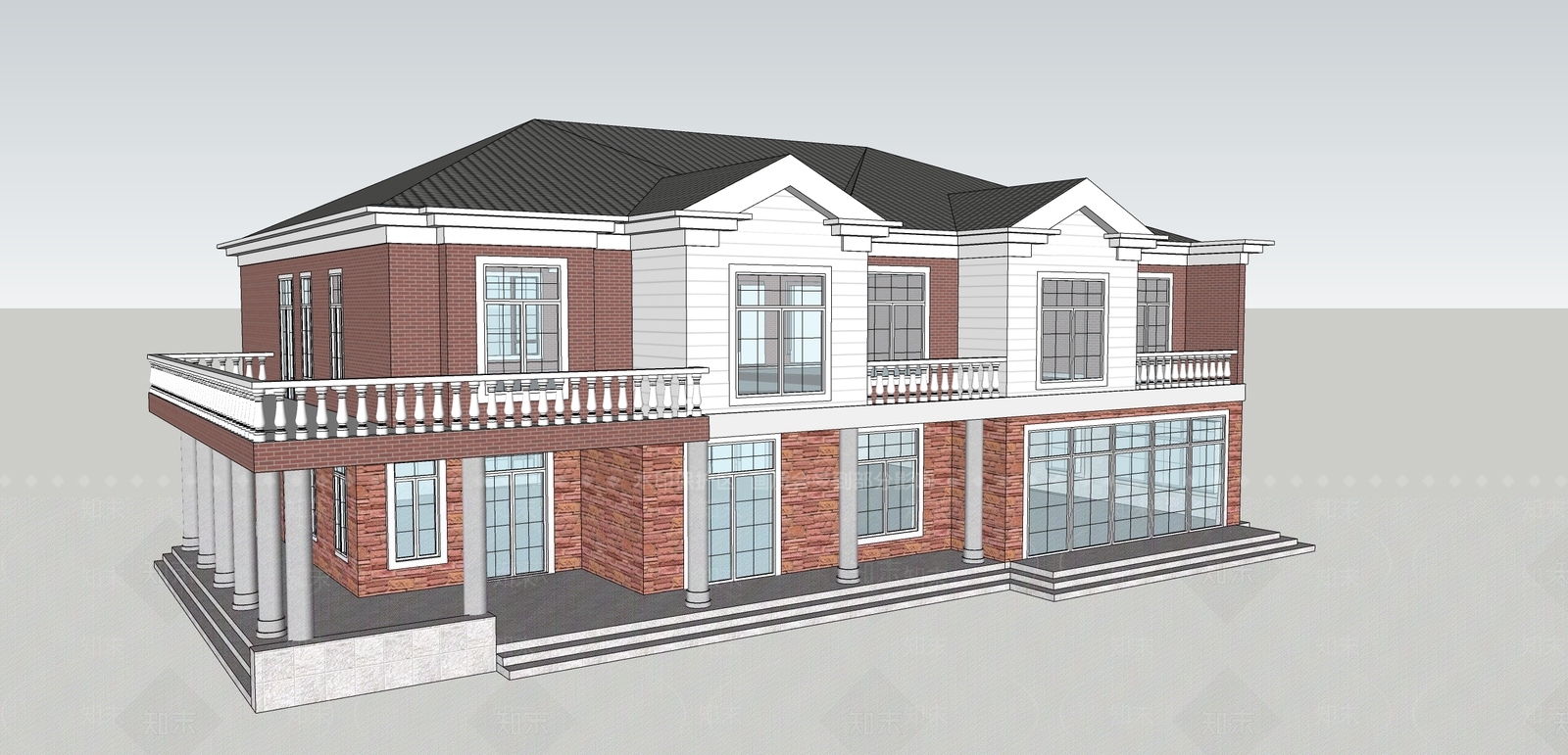 新中式坡屋顶仿古别墅SU模型下载【ID:1154640032】