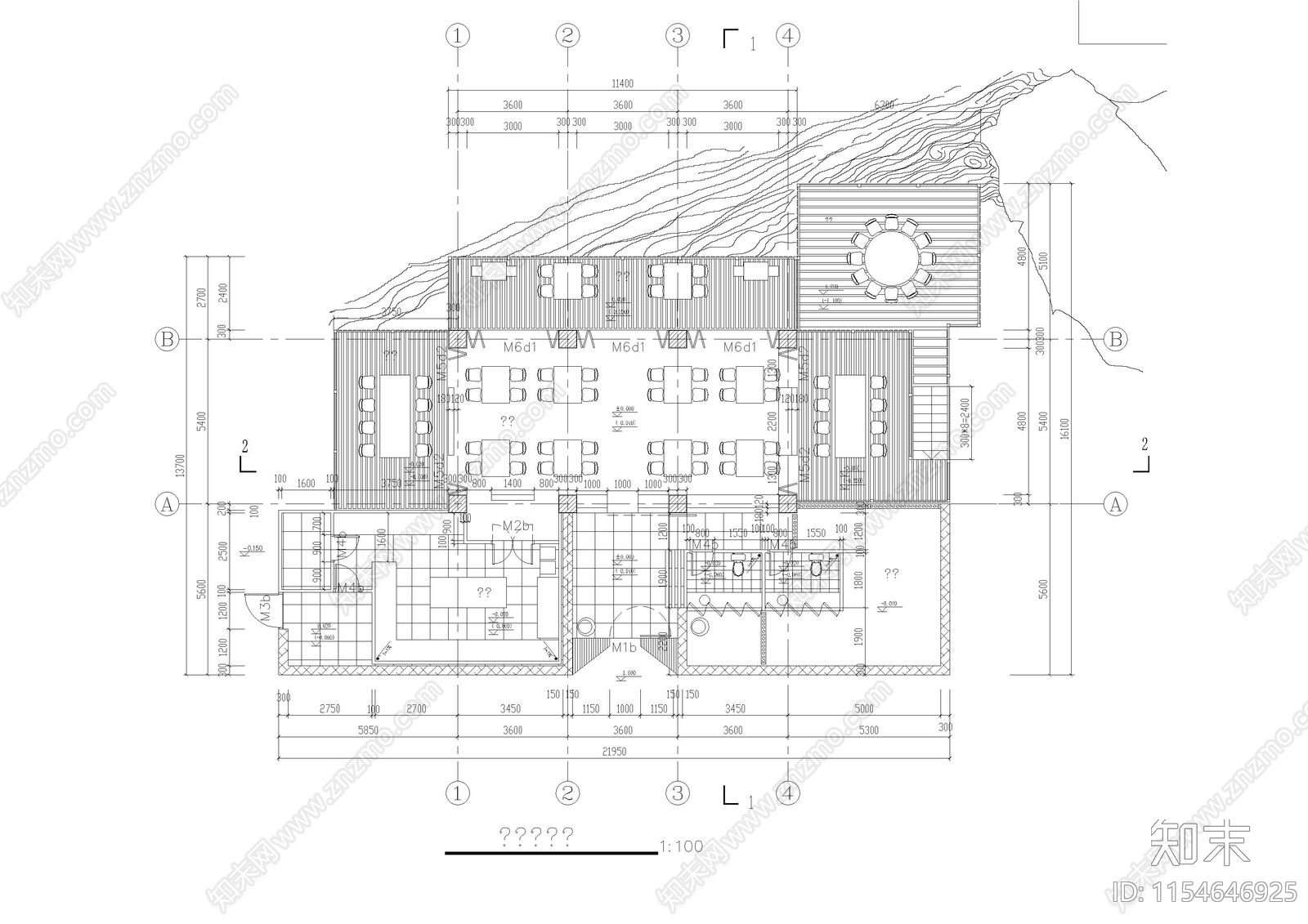 渡假村山地茶室建筑cad施工图下载【ID:1154646925】