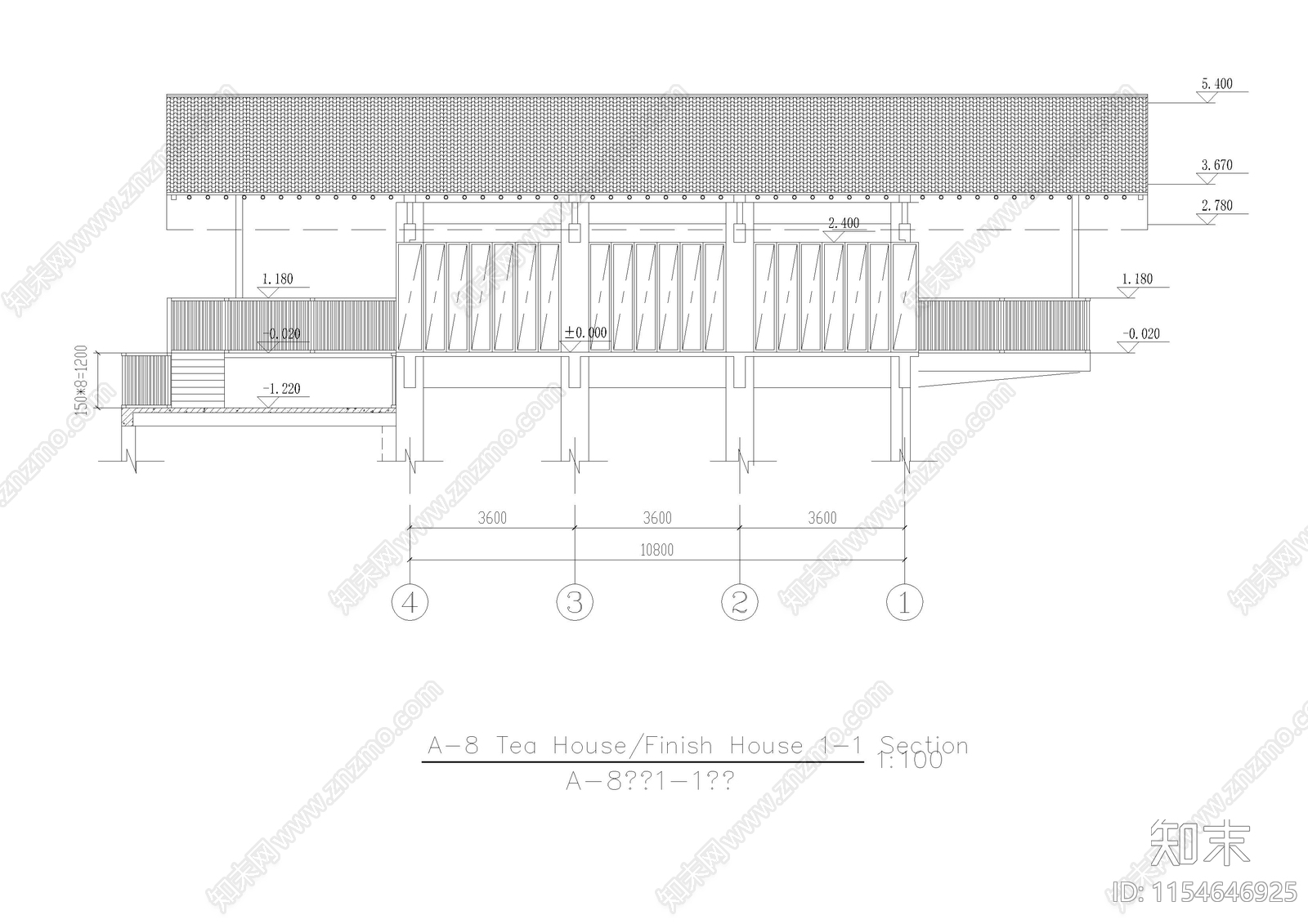 渡假村山地茶室建筑cad施工图下载【ID:1154646925】