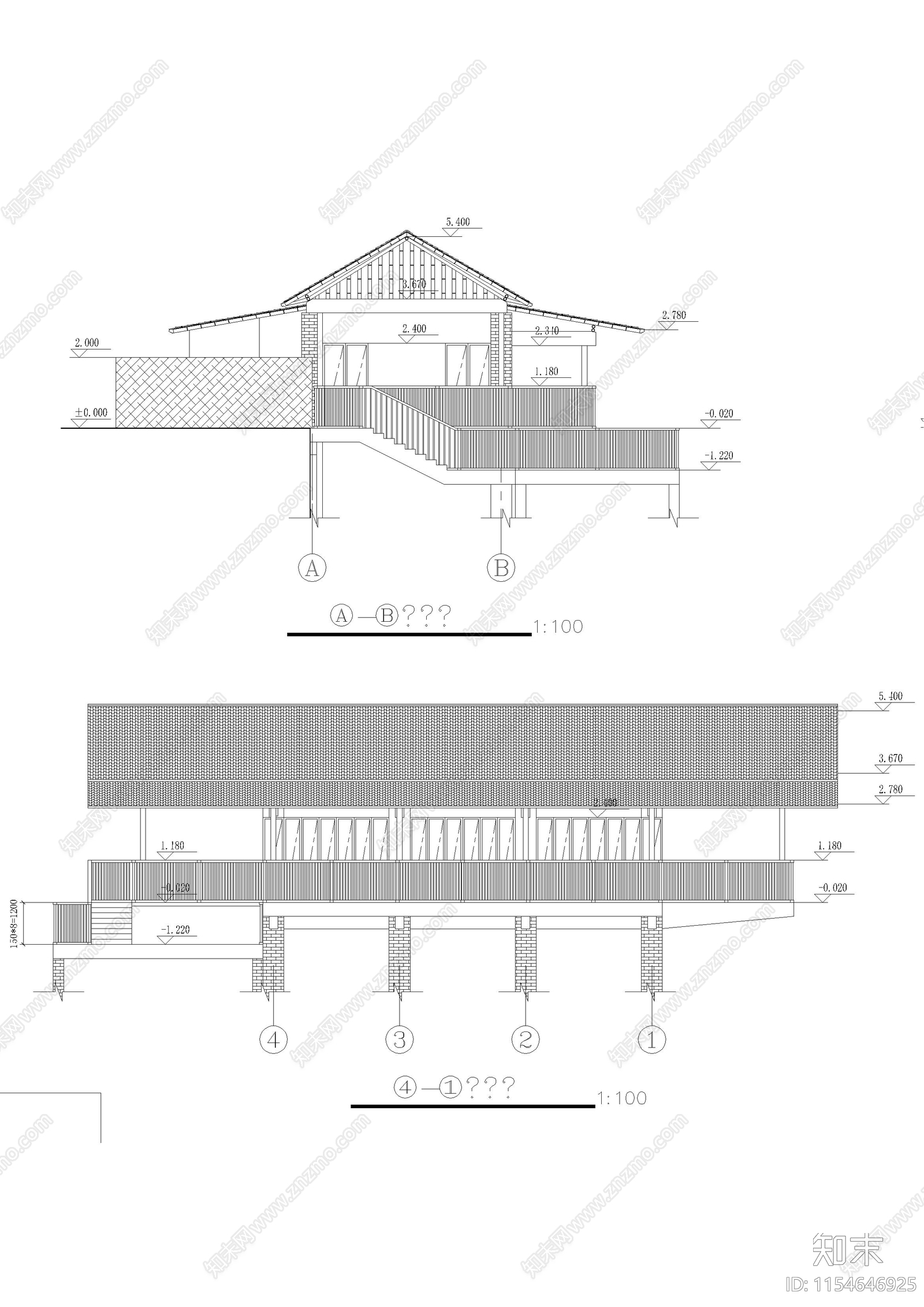 渡假村山地茶室建筑cad施工图下载【ID:1154646925】