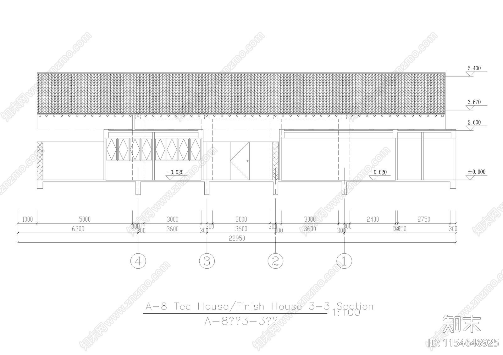 渡假村山地茶室建筑cad施工图下载【ID:1154646925】