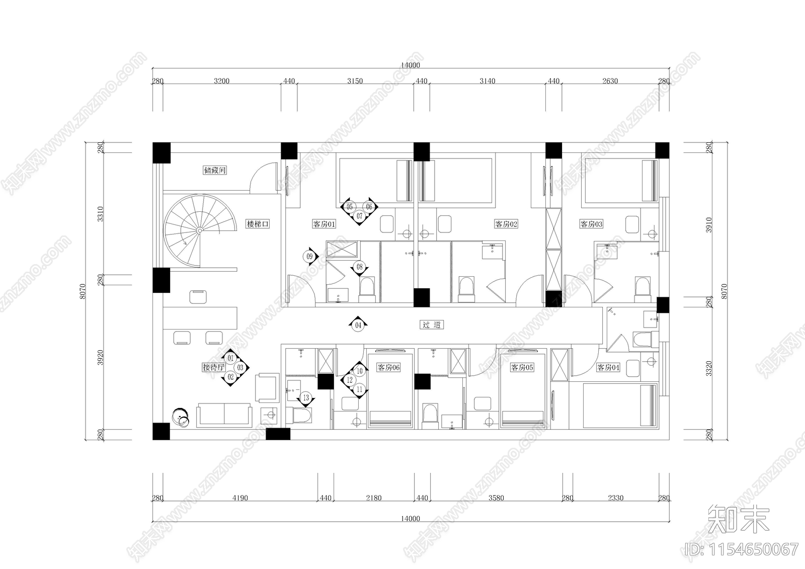 小宾馆室内施工图下载【ID:1154650067】