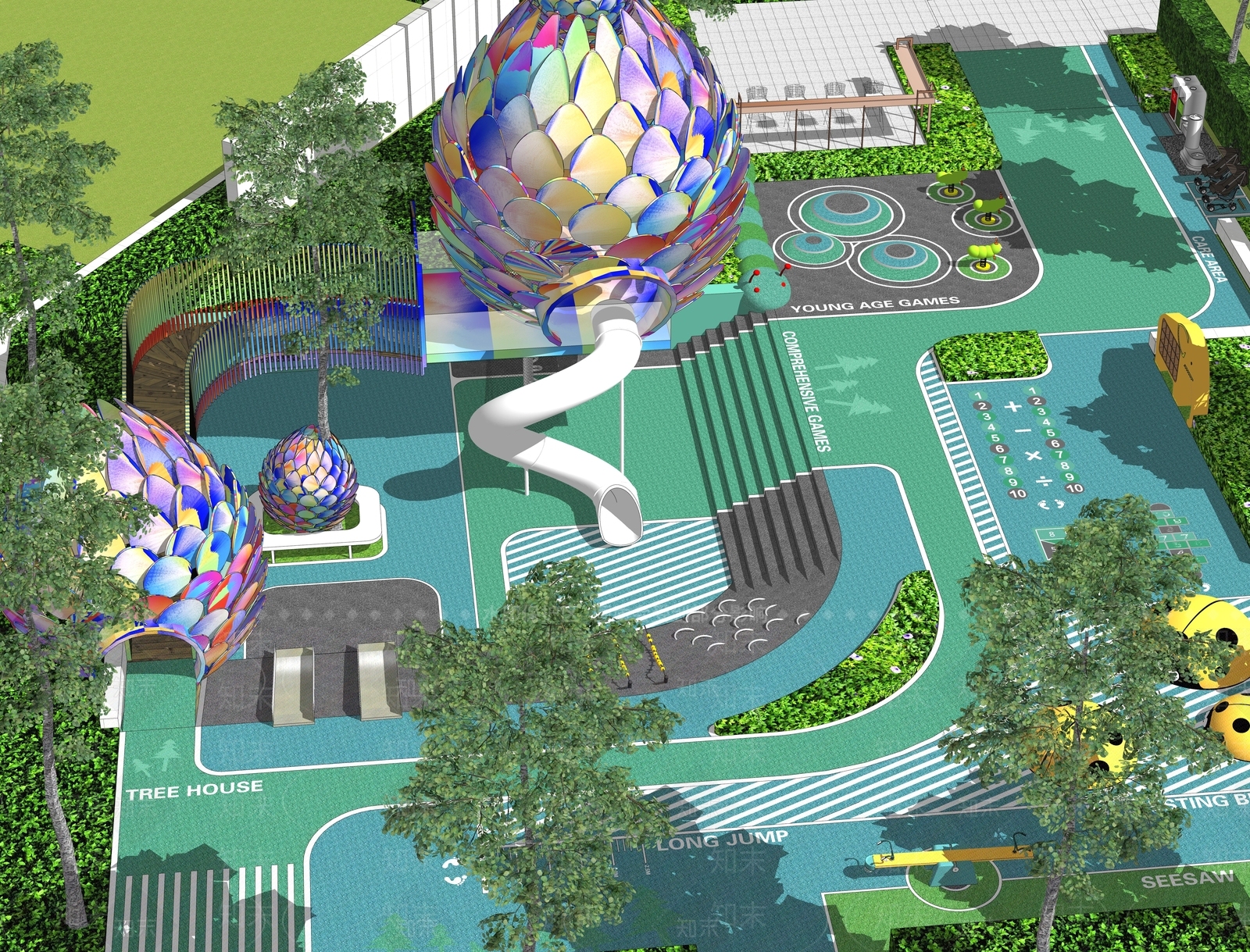 现代松果树屋儿童游乐区SU模型下载【ID:1154652670】