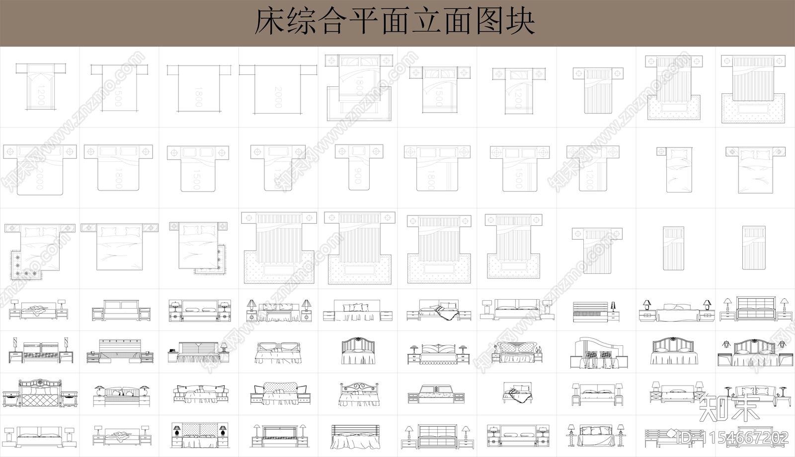 床具平面立面图块cad施工图下载【ID:1154667202】