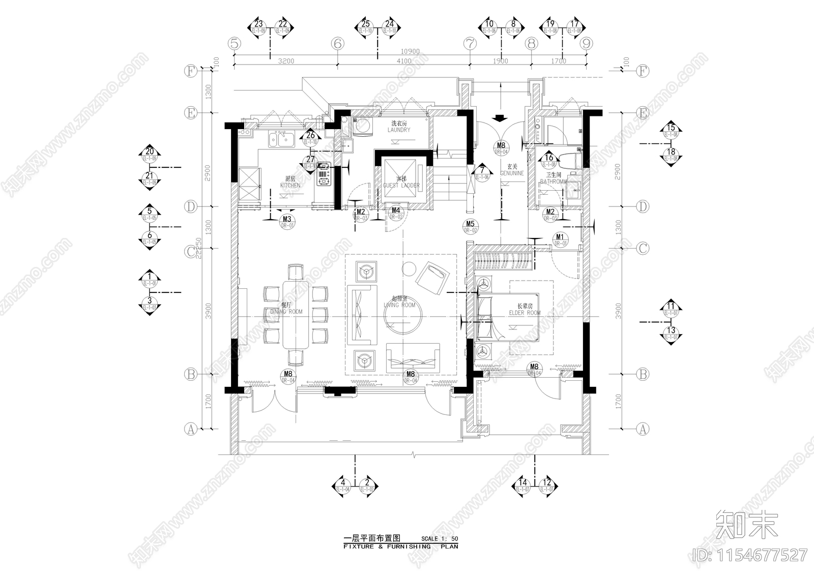 现代古典别墅样板间装修室内cad施工图下载【ID:1154677527】