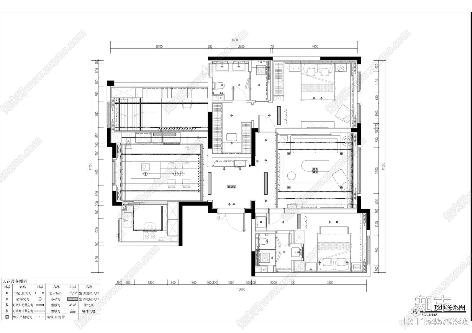 精装住宅现代室内cad施工图下载【ID:1154679346】