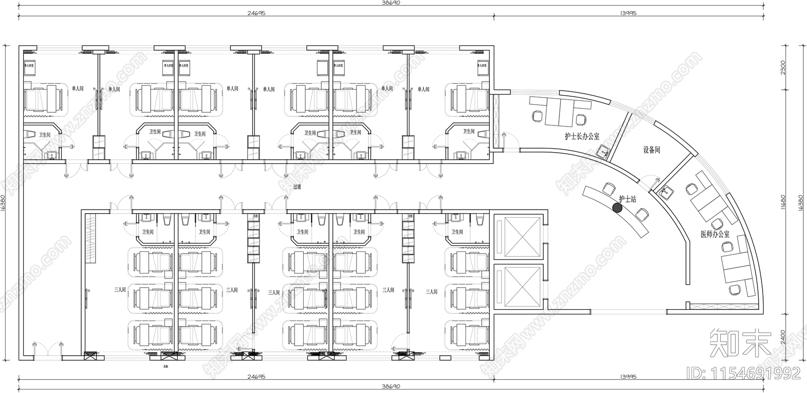 医院病房室内cad施工图下载【ID:1154691992】