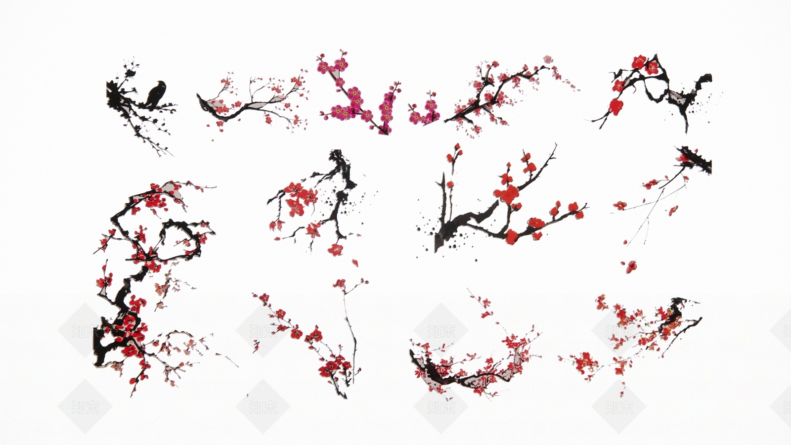 2D现代植物梅花墙饰3D模型下载【ID:1154696571】