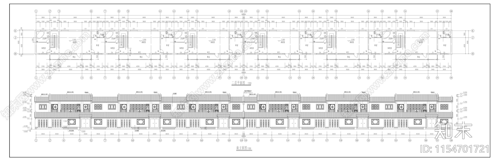 经典现代联排四合院cad施工图下载【ID:1154701721】