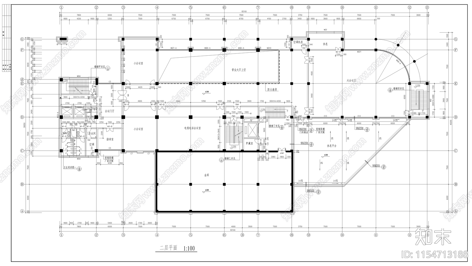 银行办公大楼建筑图cad施工图下载【ID:1154713188】