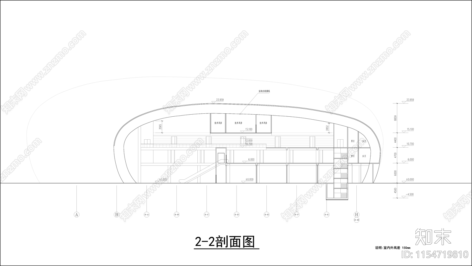 会展中心平面剖面cad施工图下载【ID:1154719810】