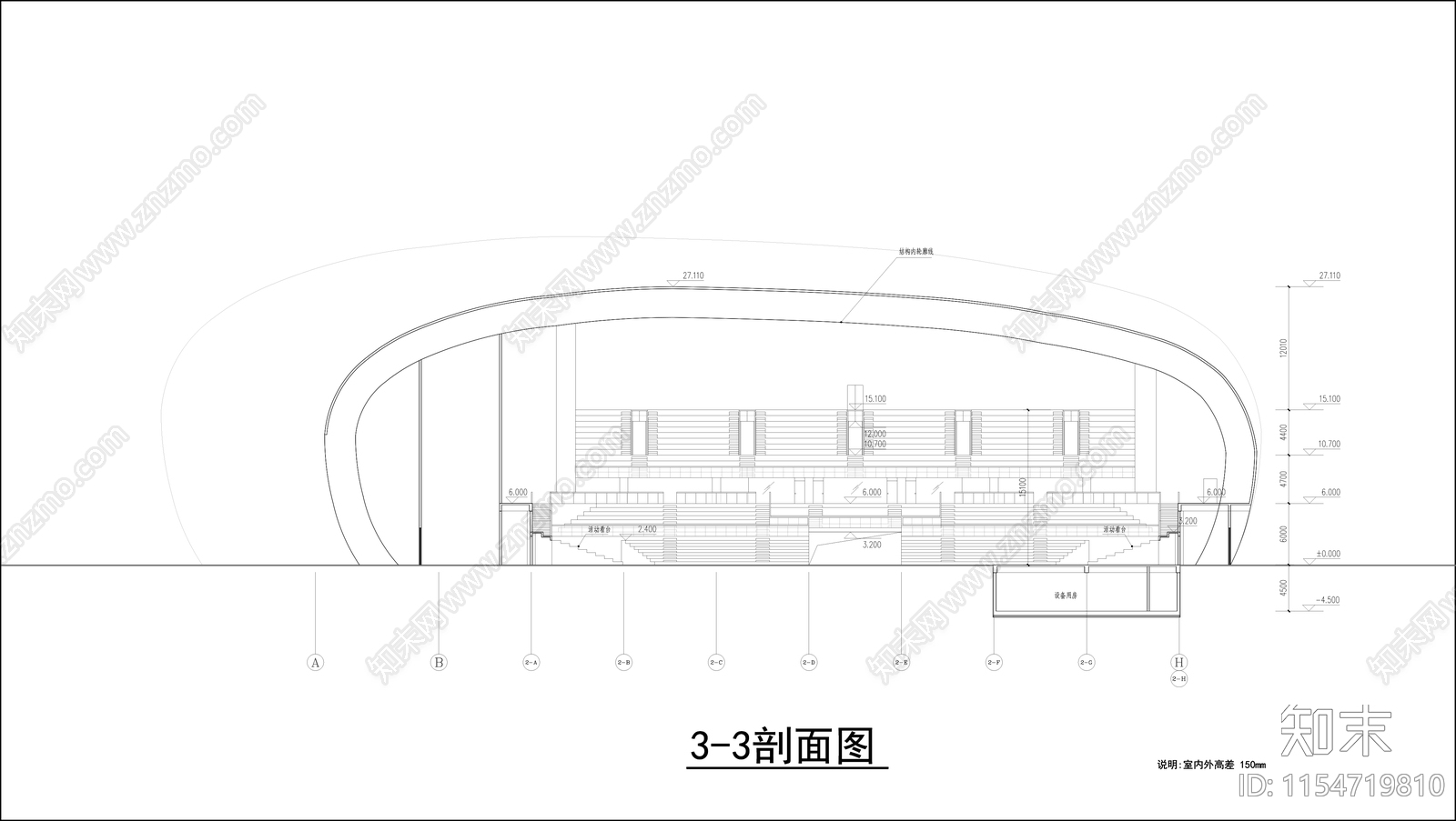 会展中心平面剖面cad施工图下载【ID:1154719810】